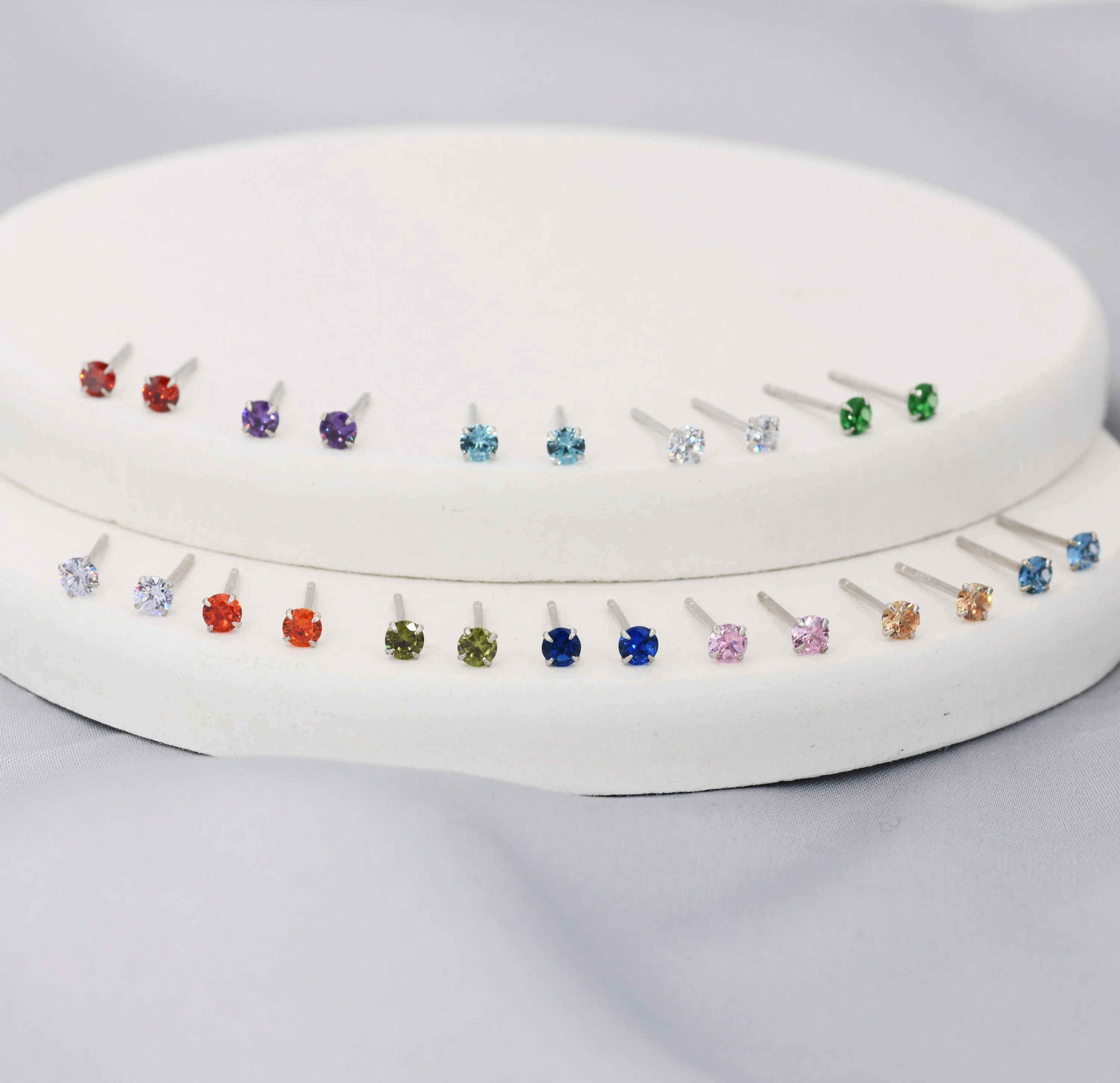 Sterling Silver Tiny Birthstone Stud Earrings, 3mm Birthstone CZ Earrings, Stacking Earrings - Image 4