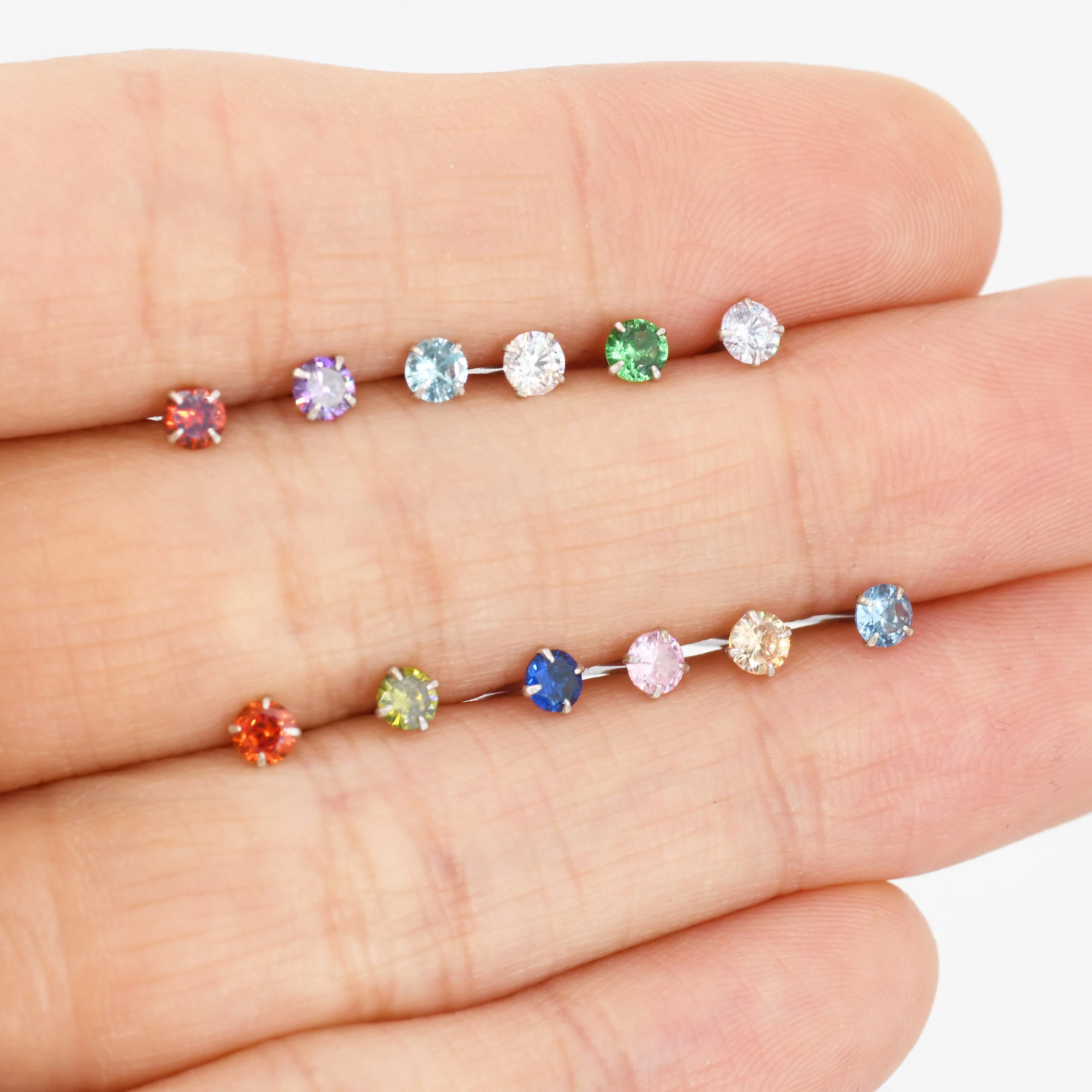 Sterling Silver Tiny Birthstone Stud Earrings, 3mm Birthstone CZ Earrings, Stacking Earrings - Image 6