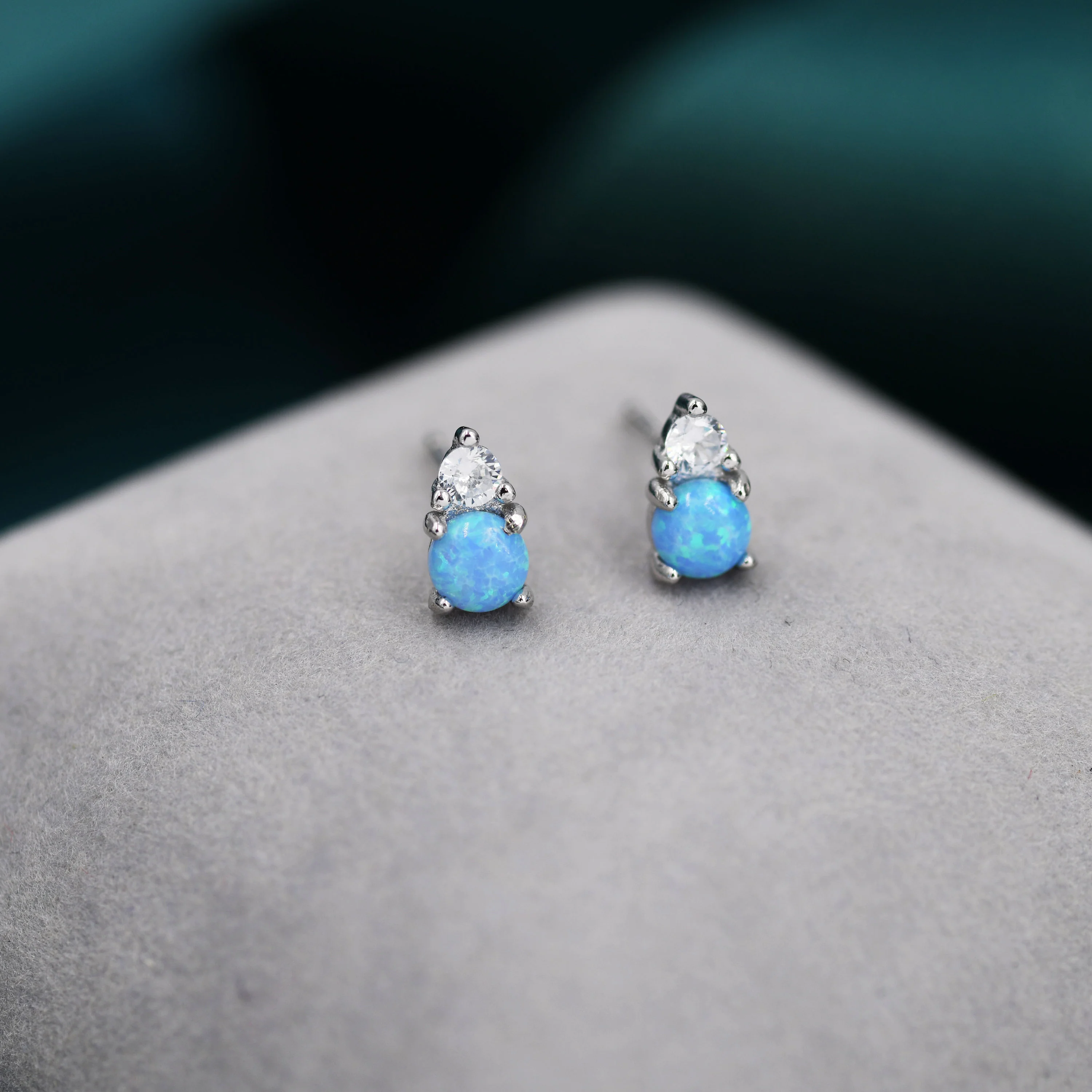 Sterling Silver Tiny Blue Opal and CZ Stud Earrings, Tiny Opal Earrings, Blue Opal, Lab Opal Stud - Image 4