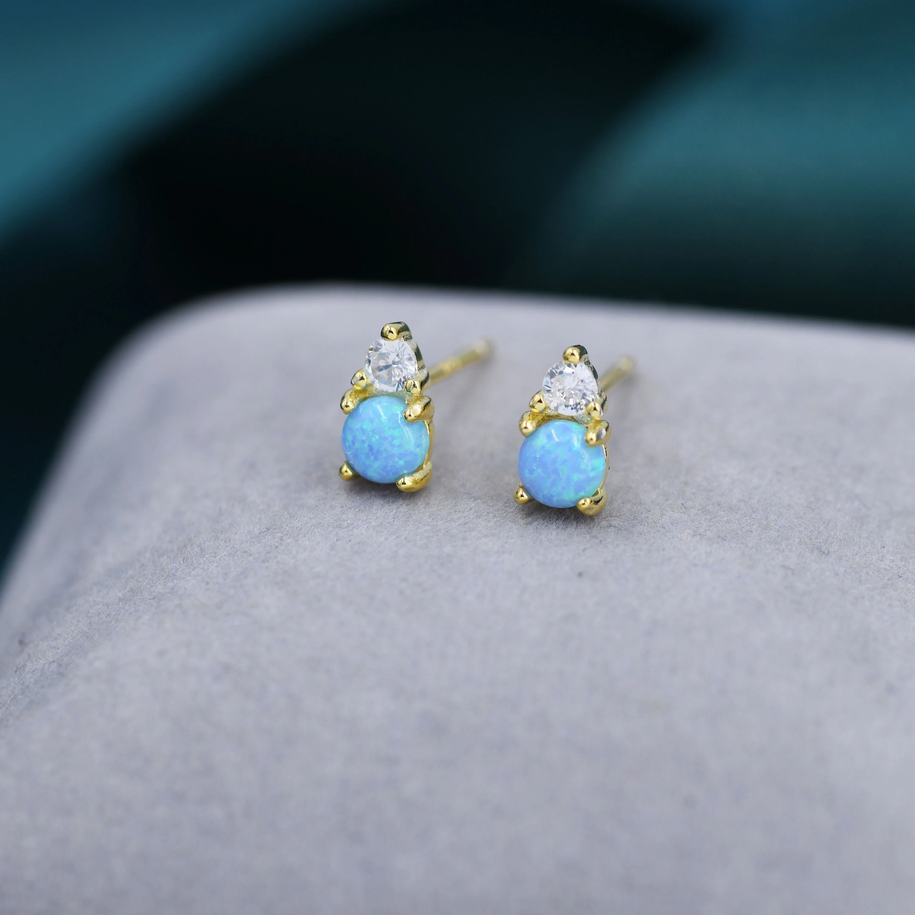 Sterling Silver Tiny Blue Opal and CZ Stud Earrings, Tiny Opal Earrings, Blue Opal, Lab Opal Stud - Image 5