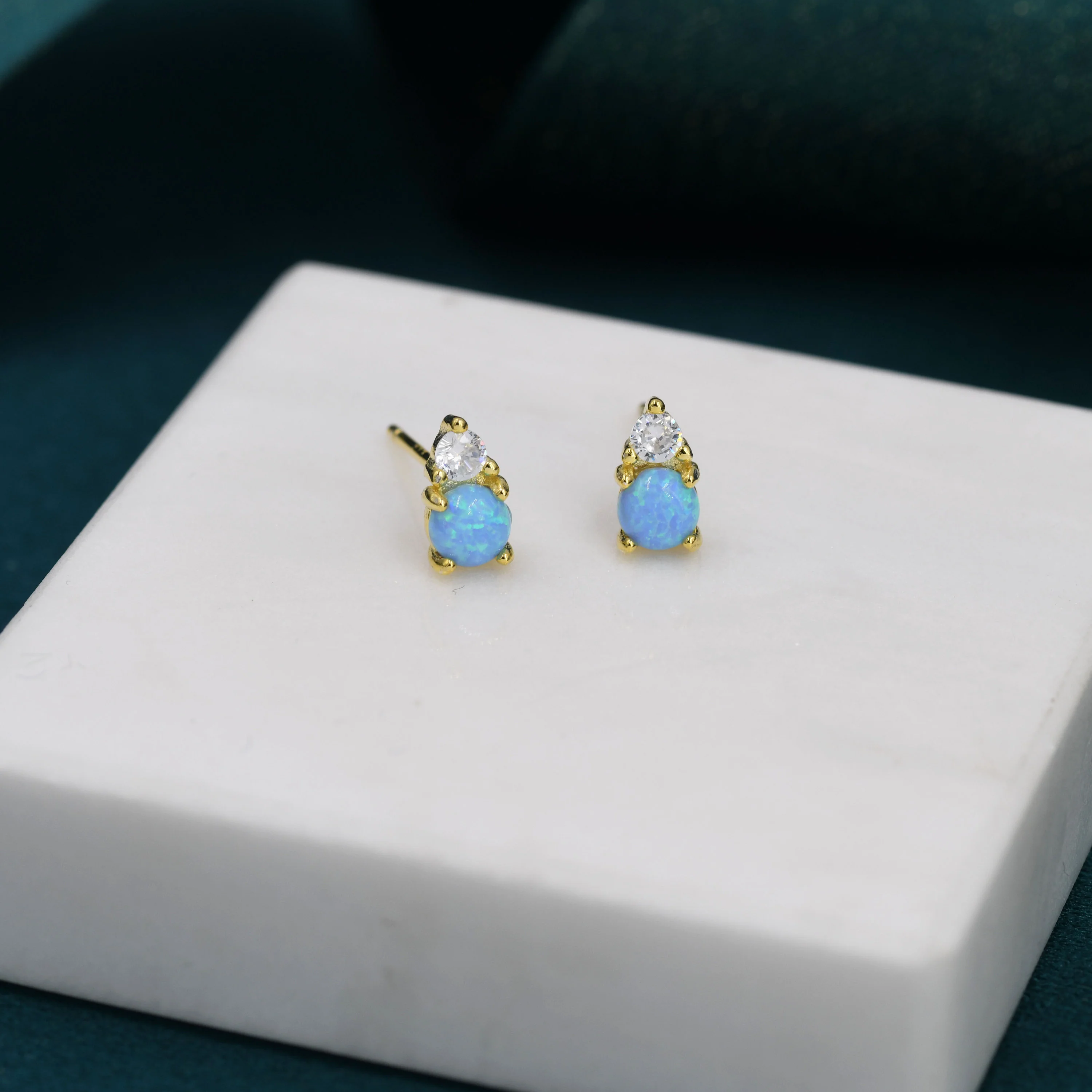 Sterling Silver Tiny Blue Opal and CZ Stud Earrings, Tiny Opal Earrings, Blue Opal, Lab Opal Stud - Image 7