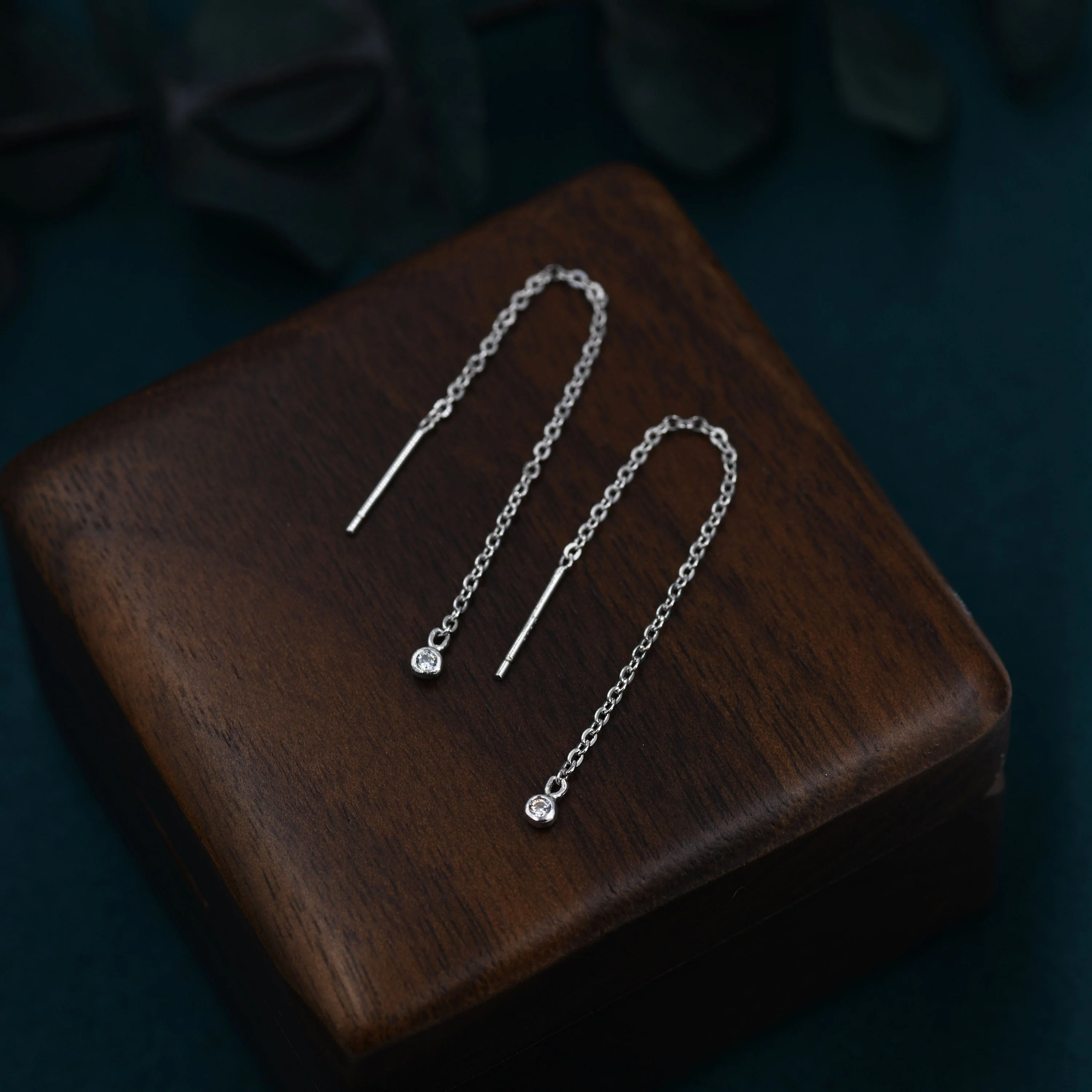 Sterling Silver Tiny Crystal Bezel Threader Earrings, Silver or Rose Gold , Dangle Earrings, Minimalist Geometric, Dainty and Delicate - Image 8