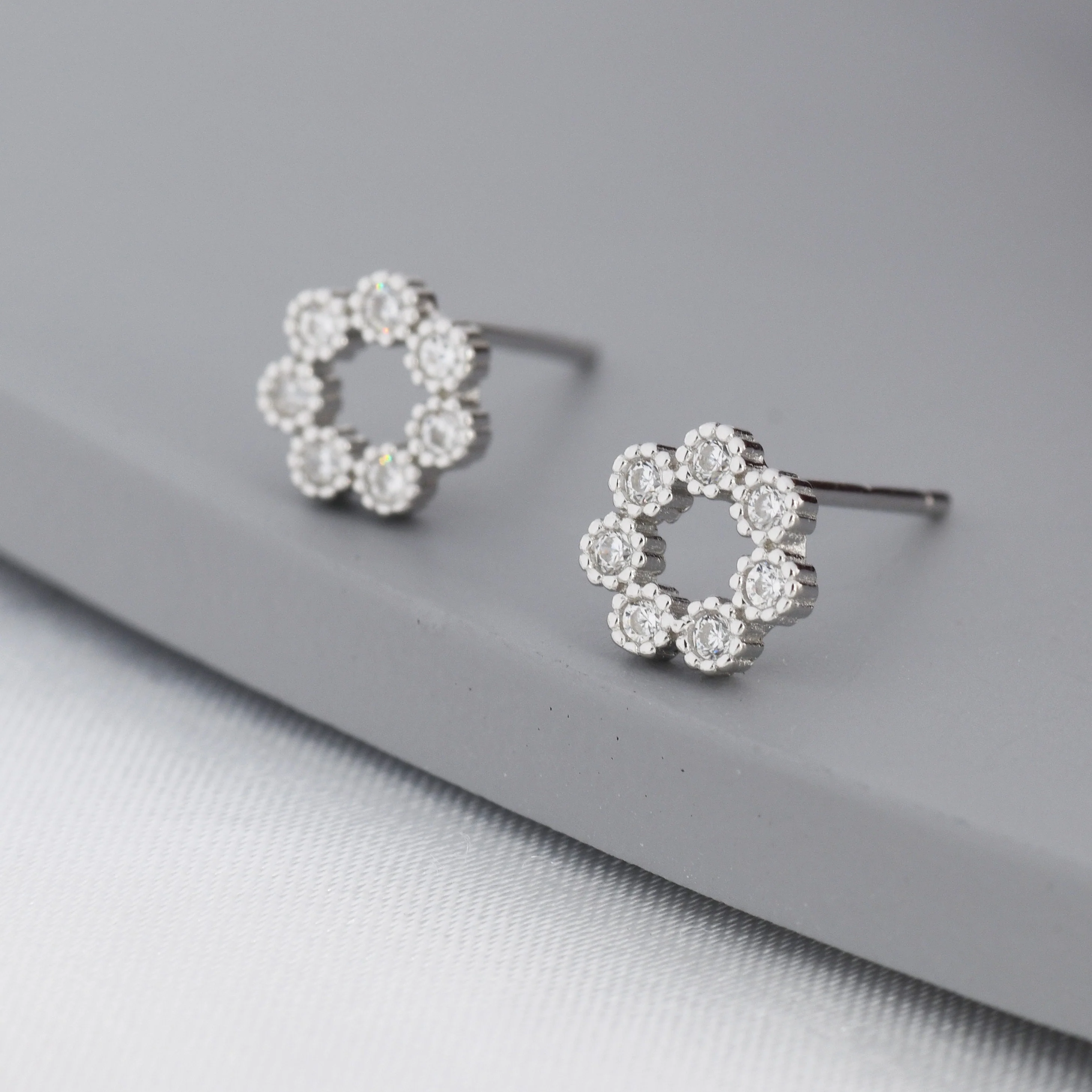 Sterling Silver Tiny CZ Circle Wreath Stud Earrings,  Silver, Gold or Rose Gold,  Tiny CZ Circle Earrings - Image 6