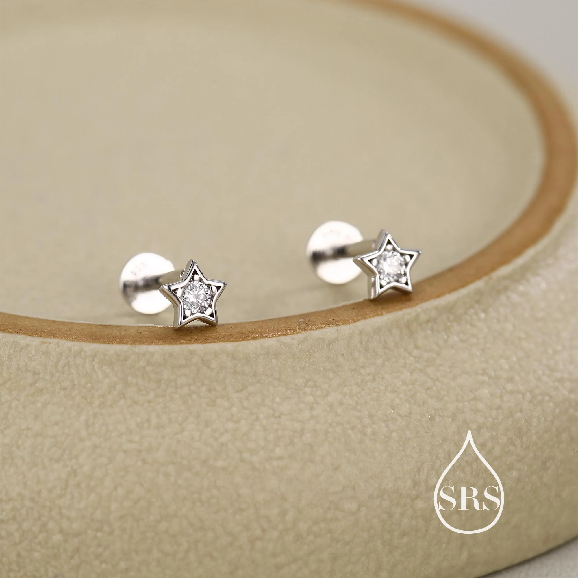 Sterling Silver Tiny CZ Star 16g Flat Back Stud Earrings UK