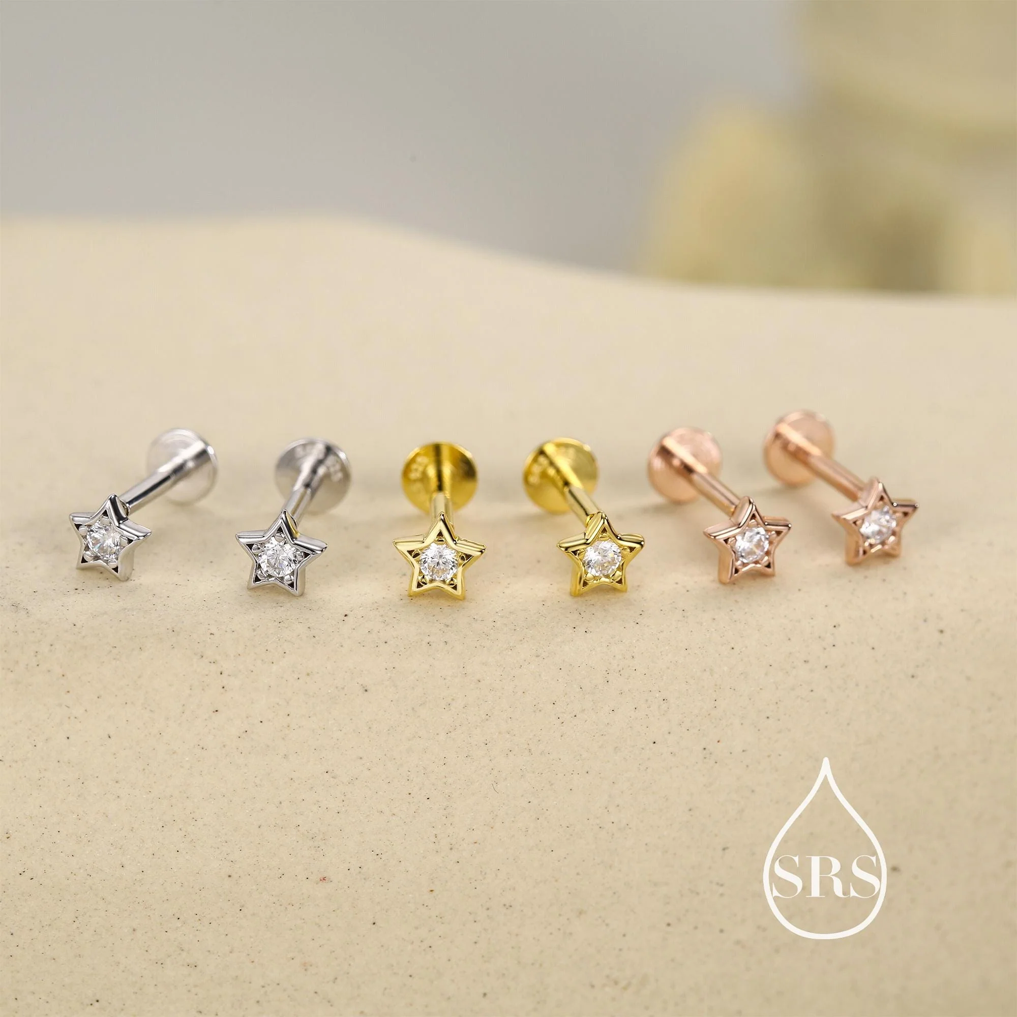 Sterling Silver Tiny CZ Star 16g Flat Back Stud Earrings UK - Image 5