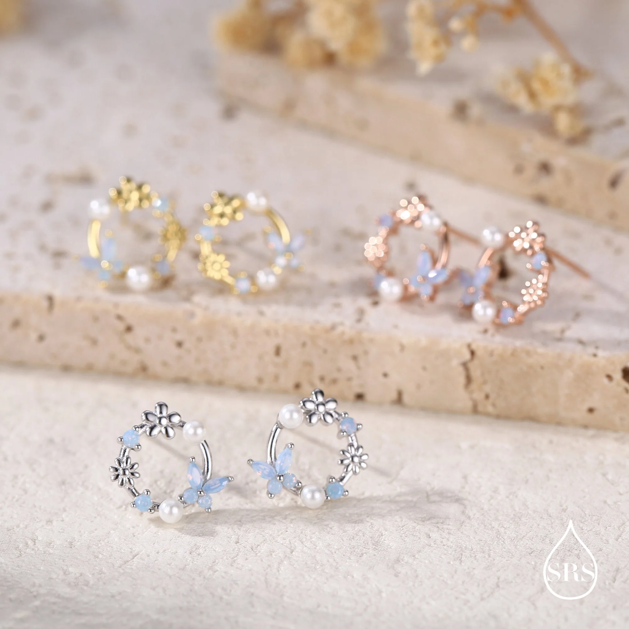 Sterling Silver Tiny Flower Wreath Stud Earrings - Opal Blue - Silver or Gold or Rose Gold, CZ Circle Flower and Butterfly Stud Earrings - Image 4