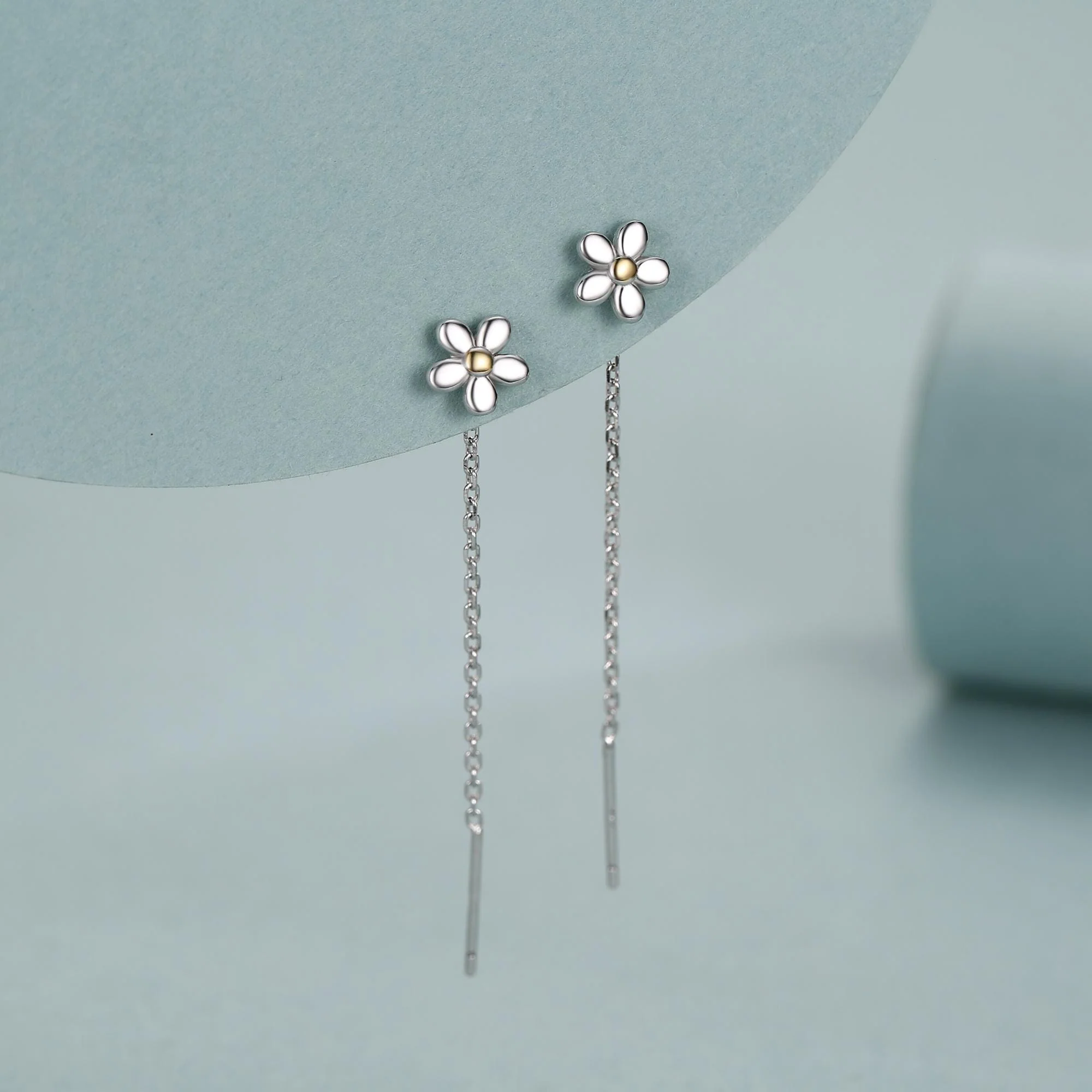 Sterling Silver Tiny Forget Me Not Flower Ear Threaders, Two Tone Flower Threader Earrings, Daily Dangle Earrings, Daisy Earrings