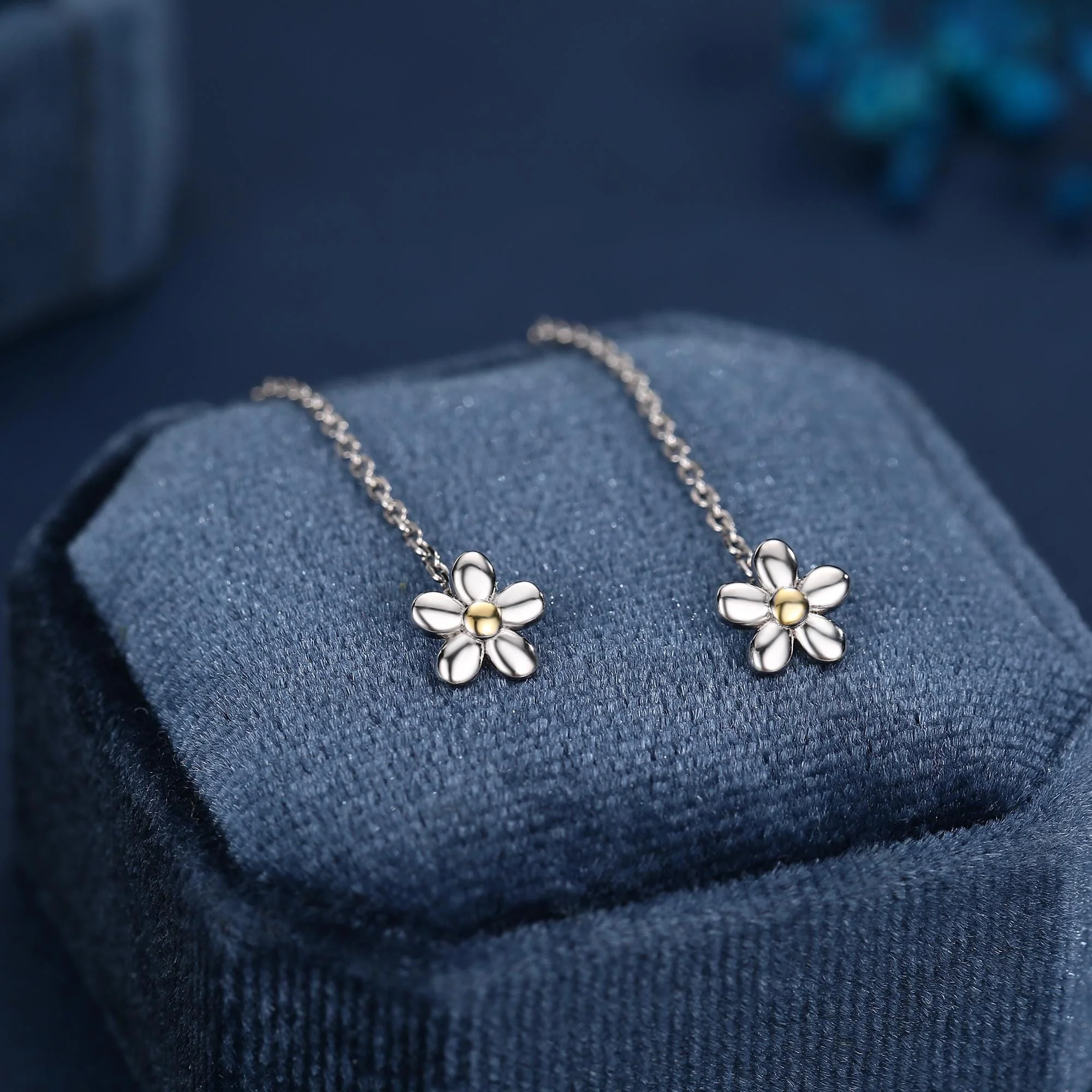 Sterling Silver Tiny Forget Me Not Flower Ear Threaders, Two Tone Flower Threader Earrings, Daily Dangle Earrings, Daisy Earrings - Image 10