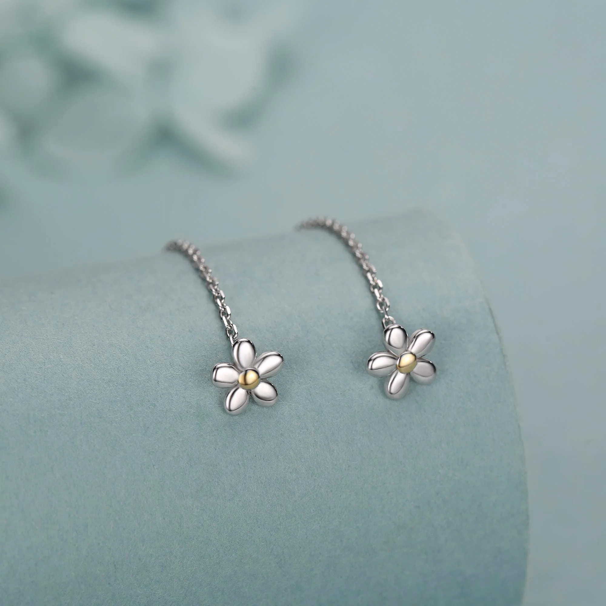Sterling Silver Tiny Forget Me Not Flower Ear Threaders, Two Tone Flower Threader Earrings, Daily Dangle Earrings, Daisy Earrings - Image 2