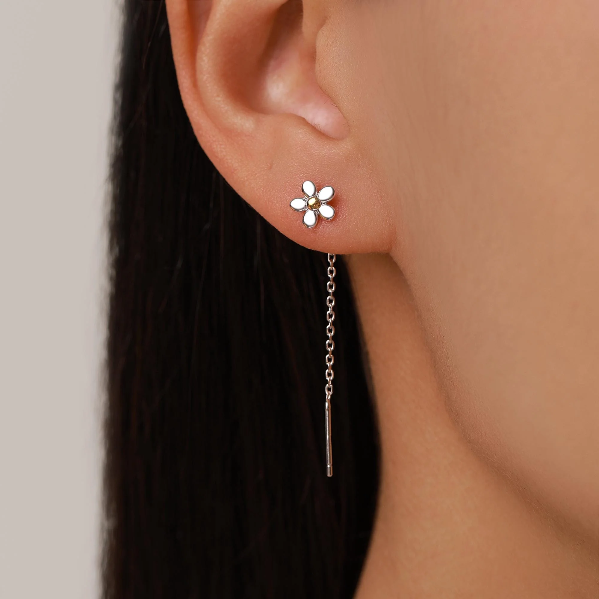 Sterling Silver Tiny Forget Me Not Flower Ear Threaders, Two Tone Flower Threader Earrings, Daily Dangle Earrings, Daisy Earrings - Image 3
