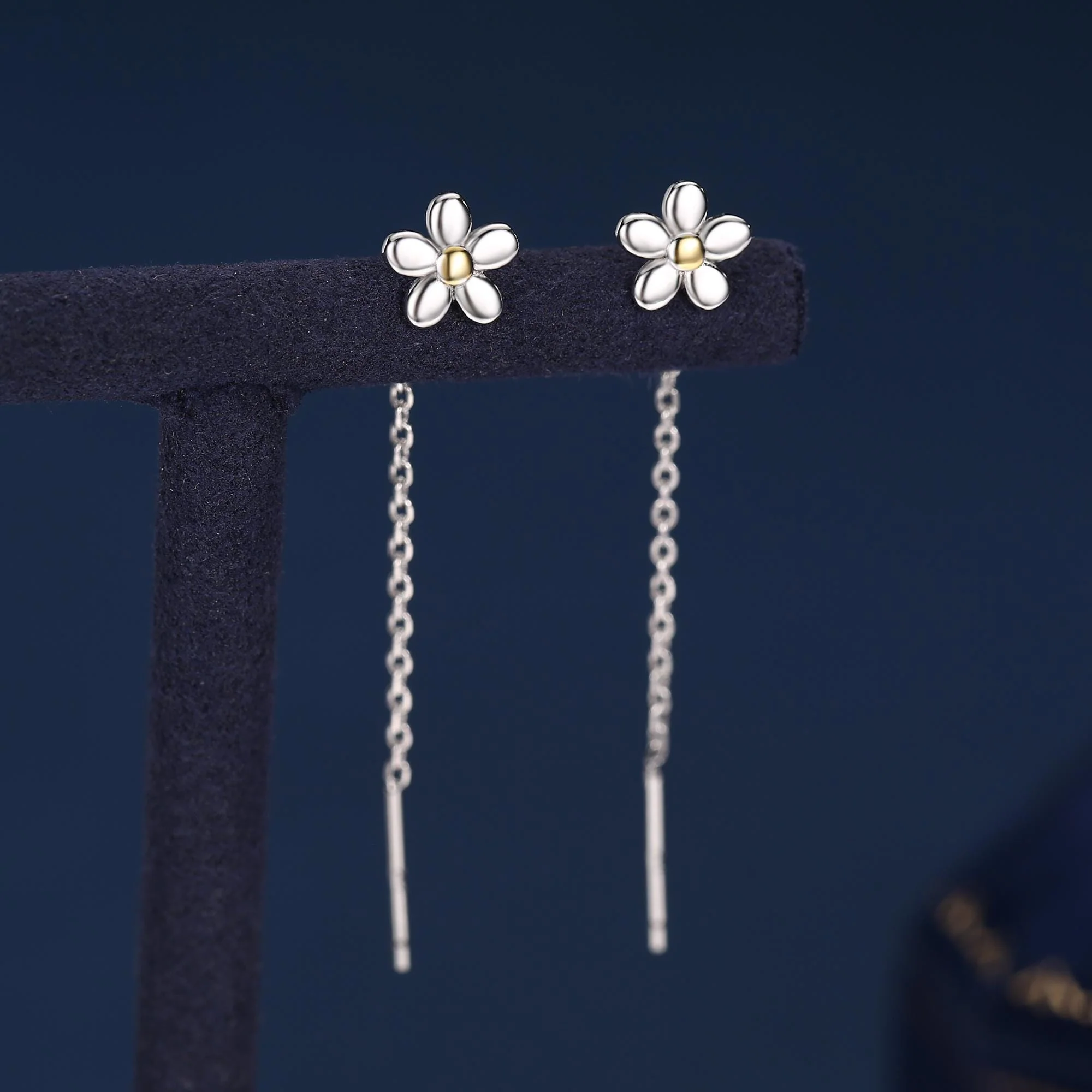 Sterling Silver Tiny Forget Me Not Flower Ear Threaders, Two Tone Flower Threader Earrings, Daily Dangle Earrings, Daisy Earrings - Image 4