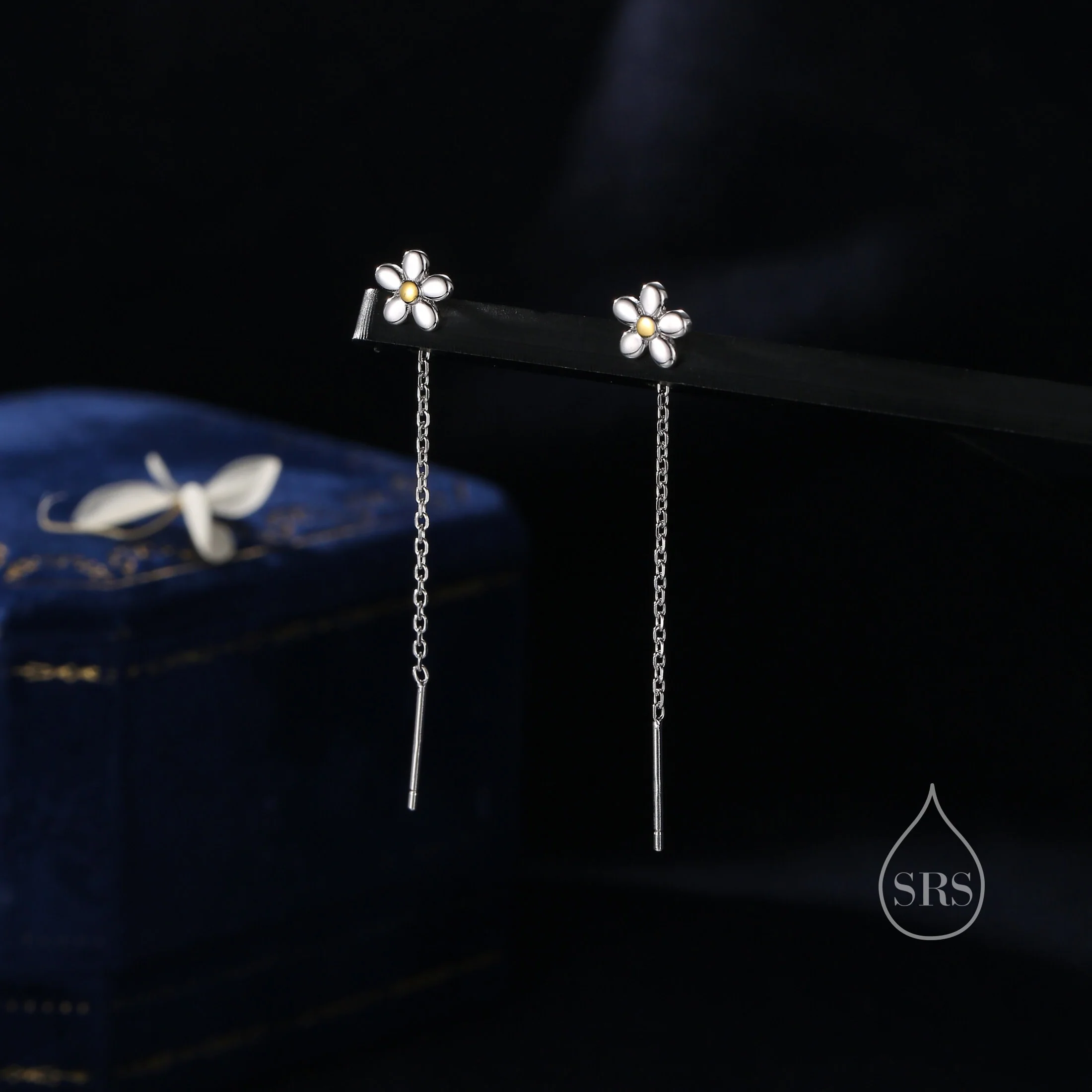 Sterling Silver Tiny Forget Me Not Flower Ear Threaders, Two Tone Flower Threader Earrings, Daily Dangle Earrings, Daisy Earrings - Image 5