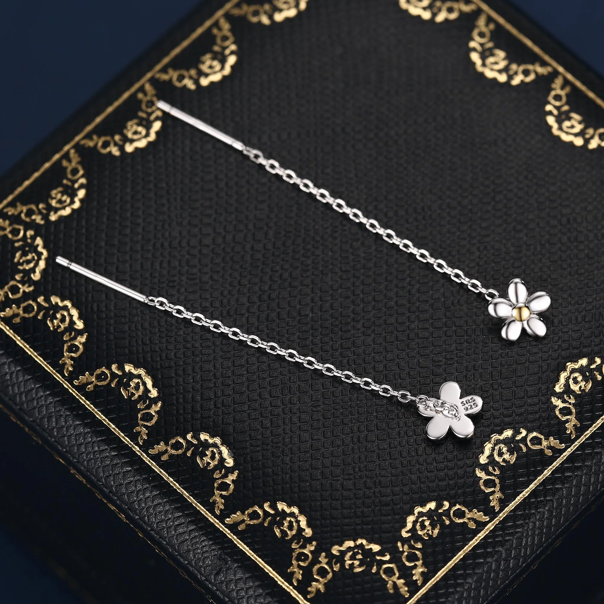 Sterling Silver Tiny Forget Me Not Flower Ear Threaders, Two Tone Flower Threader Earrings, Daily Dangle Earrings, Daisy Earrings - Image 8