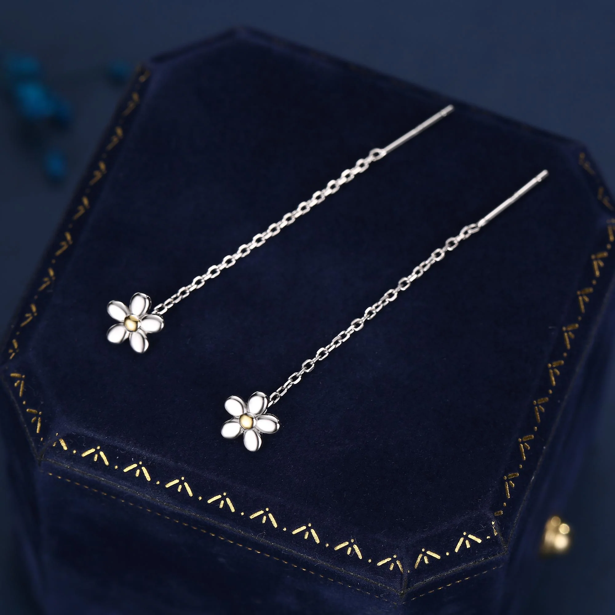 Sterling Silver Tiny Forget Me Not Flower Ear Threaders, Two Tone Flower Threader Earrings, Daily Dangle Earrings, Daisy Earrings - Image 9
