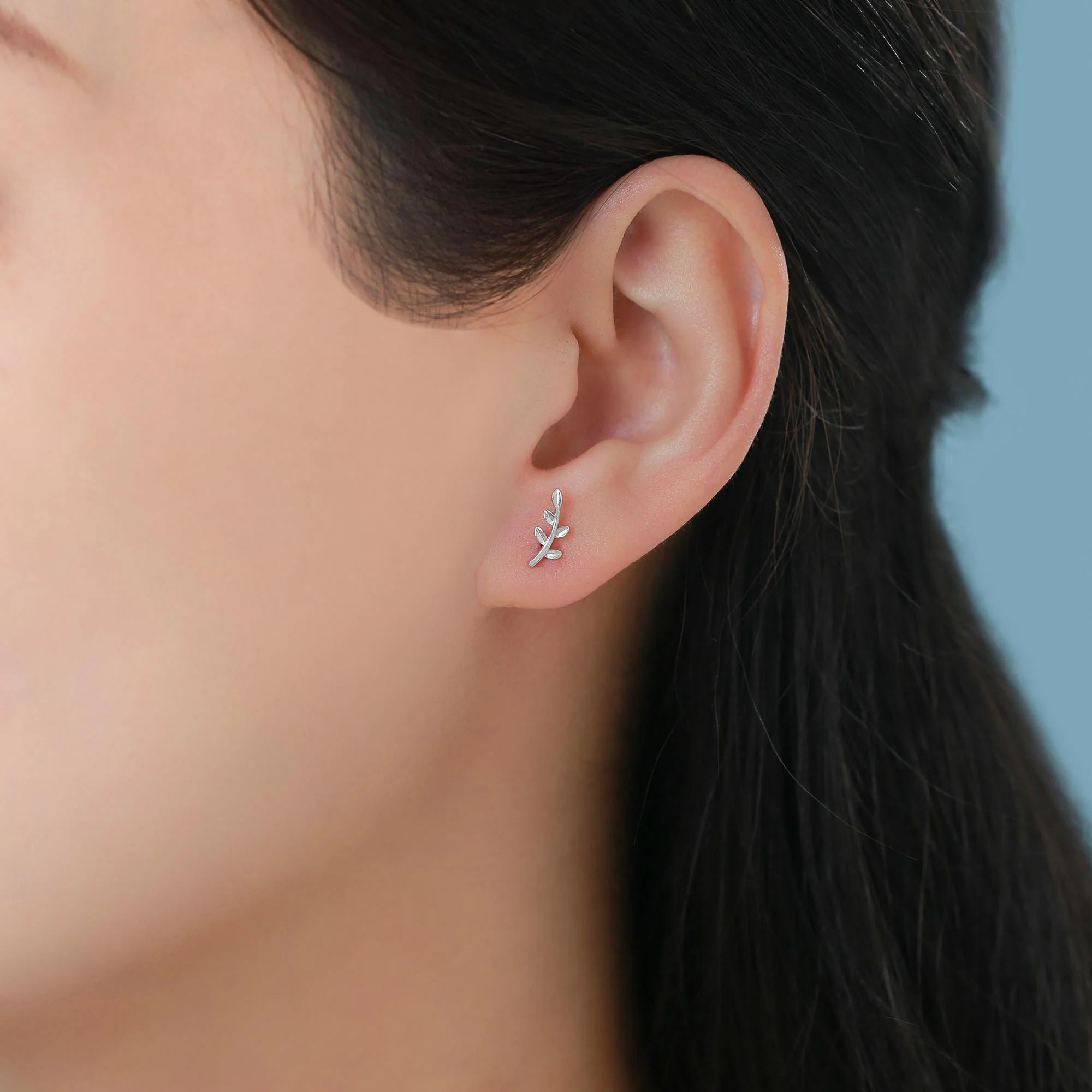 Sterling Silver Tiny Leaf 18G Screw Back Earrings in Sterling Silver - Image 2