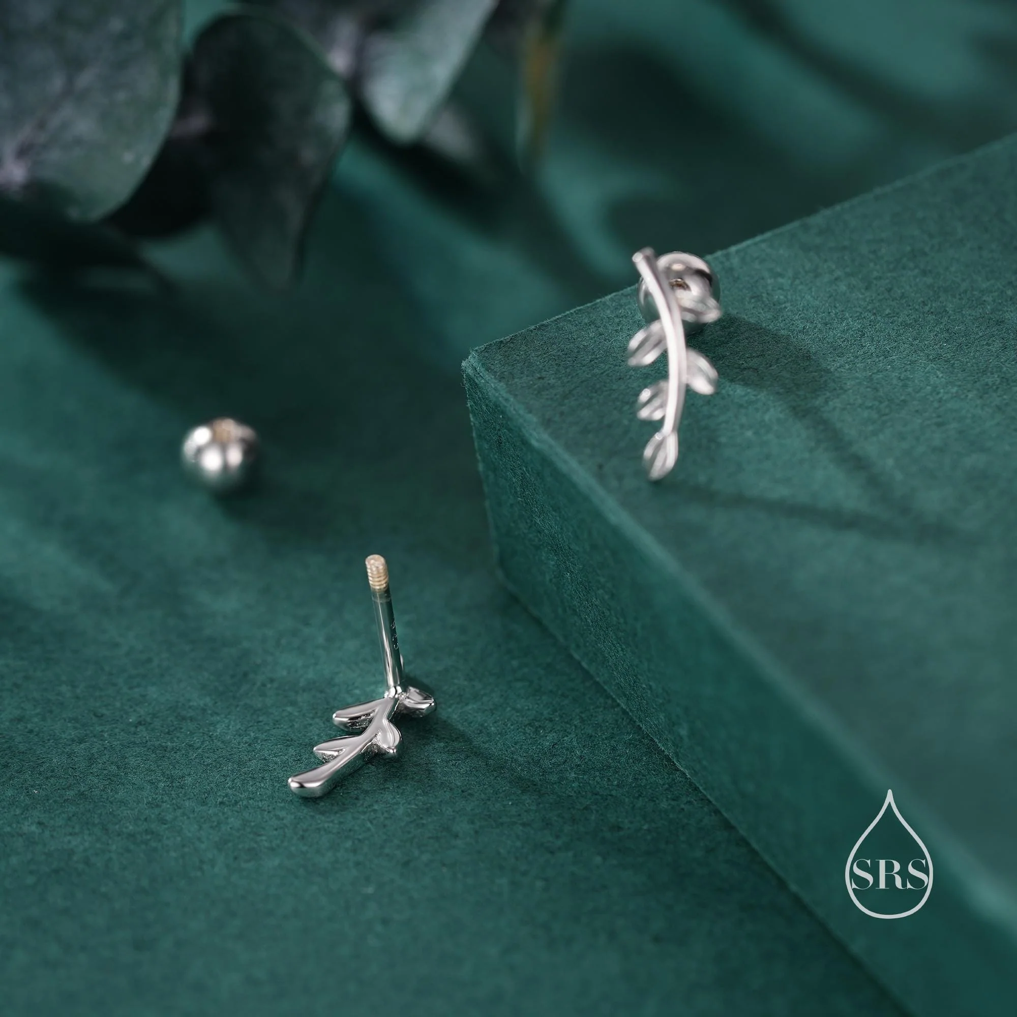 Sterling Silver Tiny Leaf 18G Screw Back Earrings in Sterling Silver - Image 3