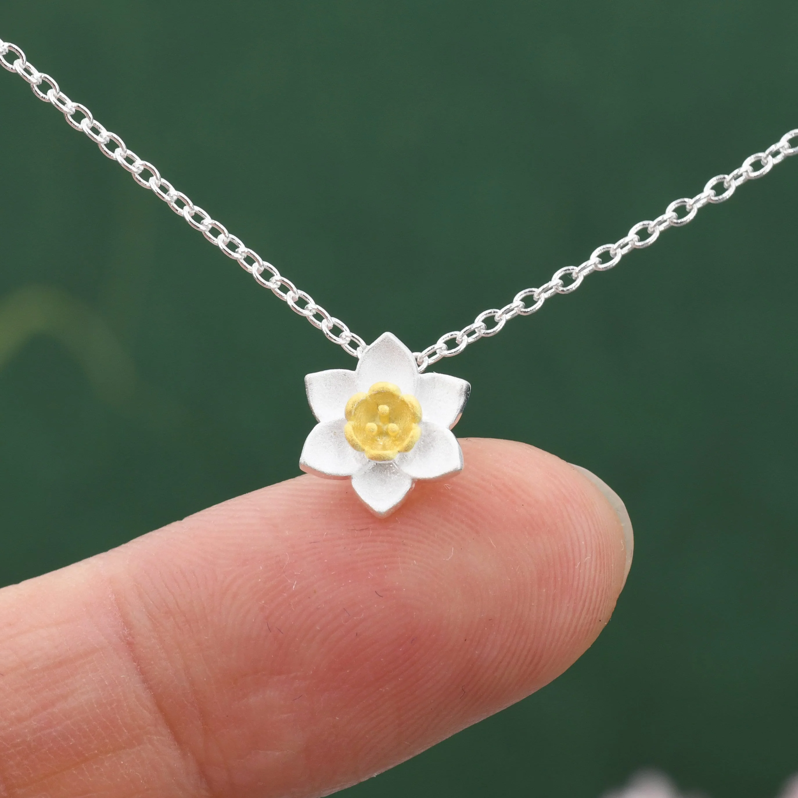 Sterling Silver Tiny Little Daffodil Flower Blossom Pendant Necklace with 18ct Gold Plating - Cute and Whimsical Jewellery - Image 4