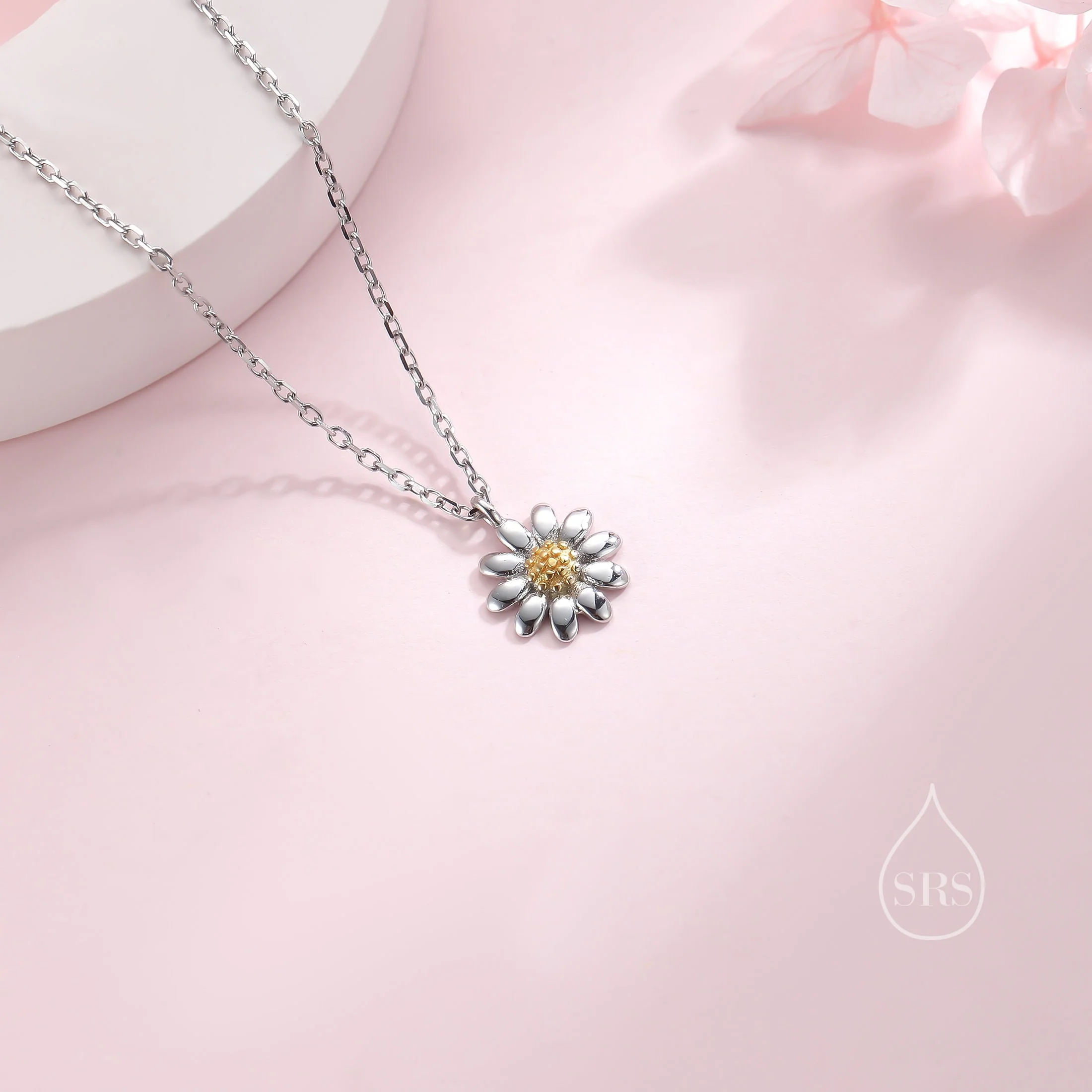 Sterling Silver Tiny Little Daisy Flower Pendant Necklace, Flower Necklace, Daisy Necklace, Two Tone Flower Pendant Necklace - Image 3