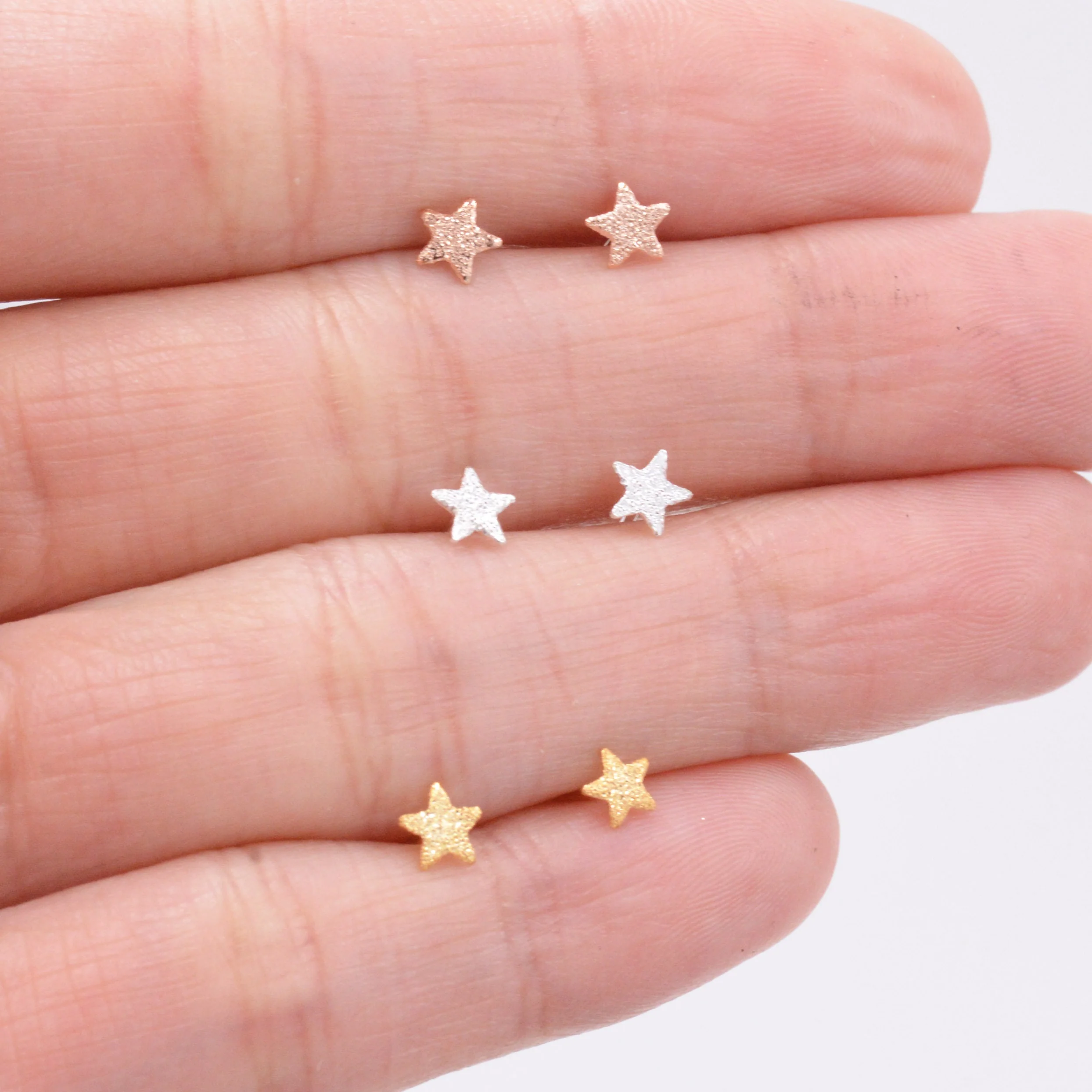 Sterling Silver Tiny Little Textured Star Stud Earrings - Cute Fun Minimalist Geometric Jewellery - Gold and Rose Gold, Textured Finish - Image 3