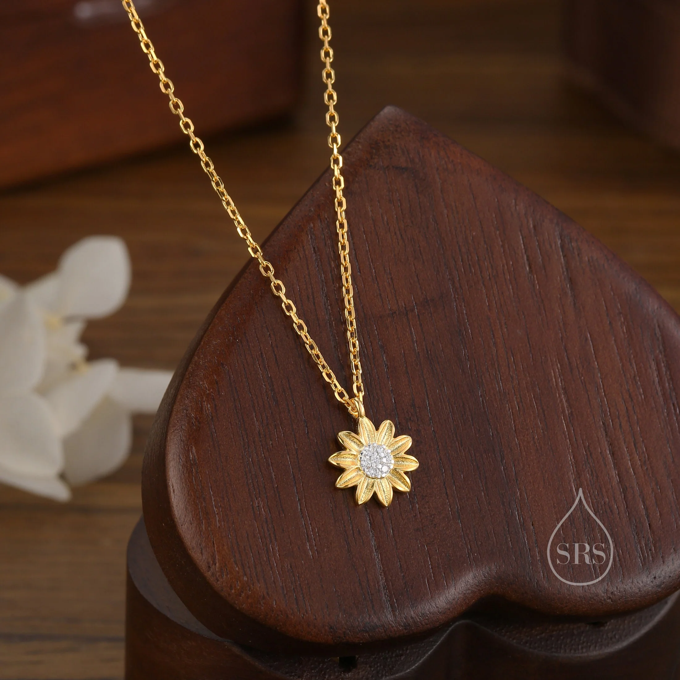 Sterling Silver Tiny Little Sunflower Pendant Necklace, Flower Necklace, Sunflower Necklace, Two Tone Flower Pendant Necklace - Image 2