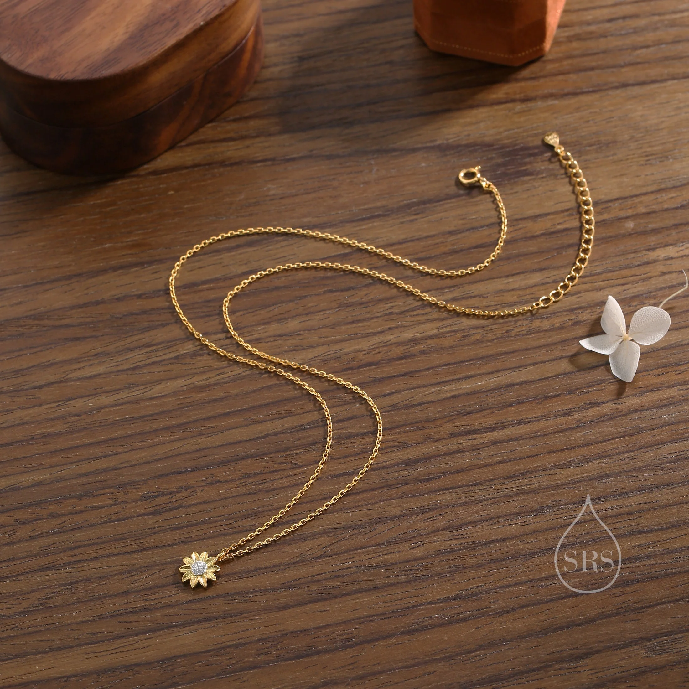 Sterling Silver Tiny Little Sunflower Pendant Necklace, Flower Necklace, Sunflower Necklace, Two Tone Flower Pendant Necklace - Image 4