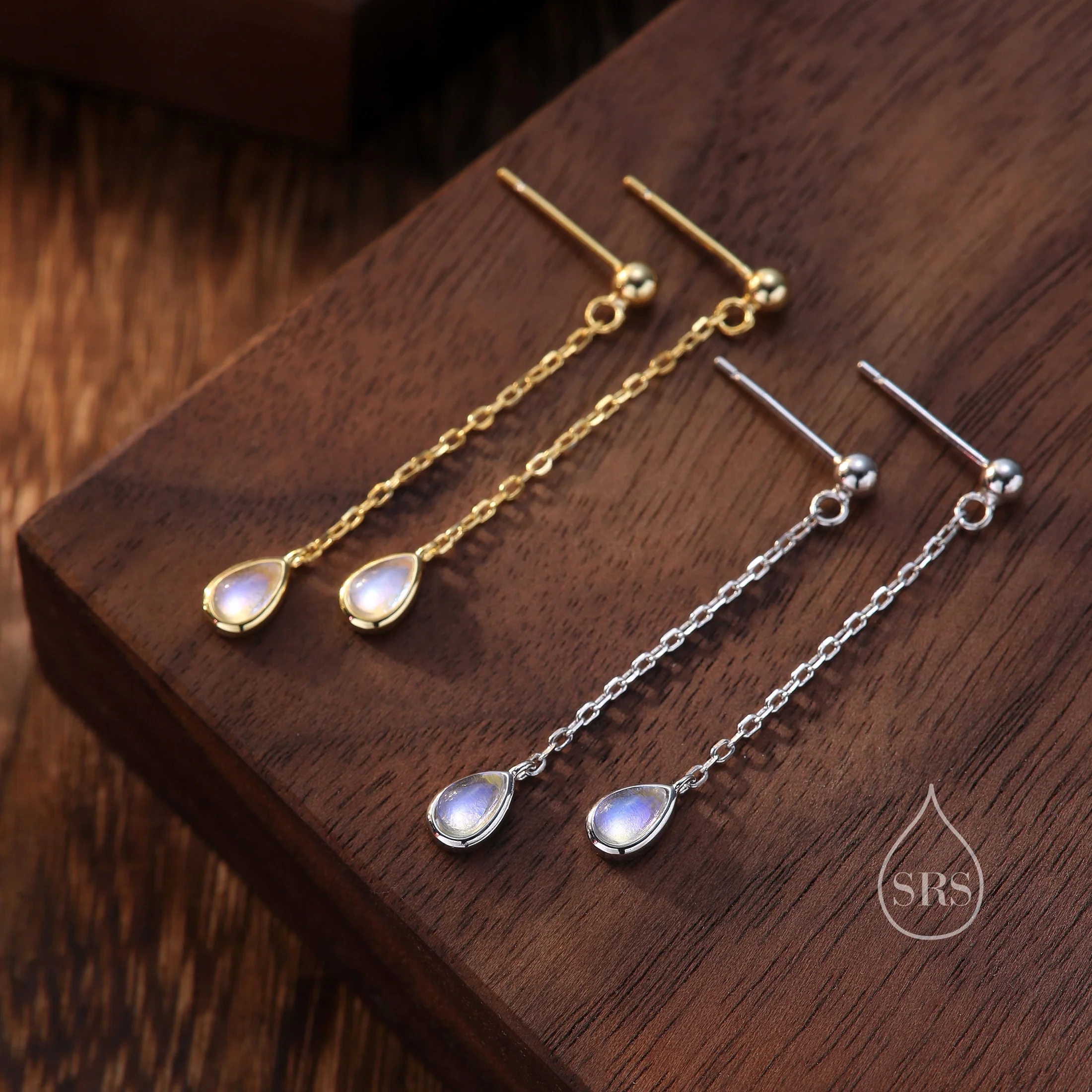 Sterling Silver Tiny Moonstone Droplet Drop Stud Earrings, Silver or Gold, Lab Moonstone Dangle Chain Earrings - Image 7