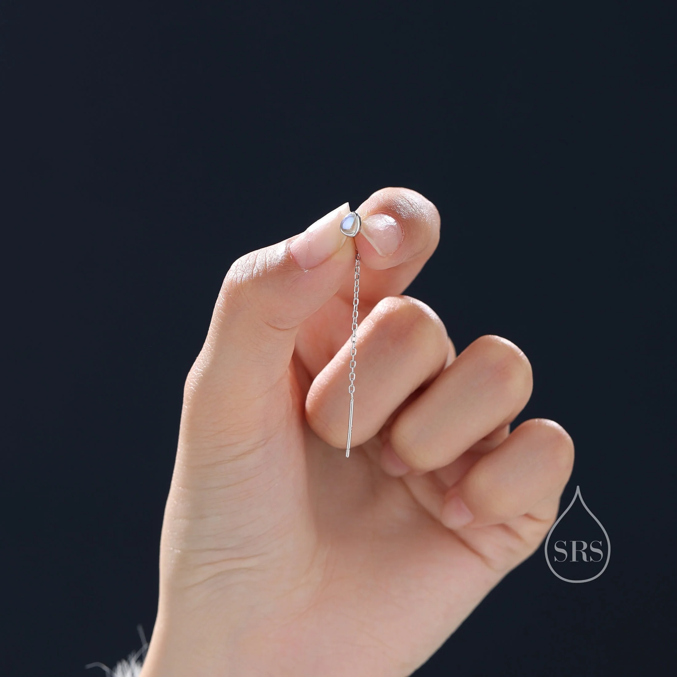 Sterling Silver Tiny Moonstone Droplet Ear Threader Earrings, Silver or Gold or Rose Gold, Lab Moonstone Minimalist Threader Earrings - Image 3