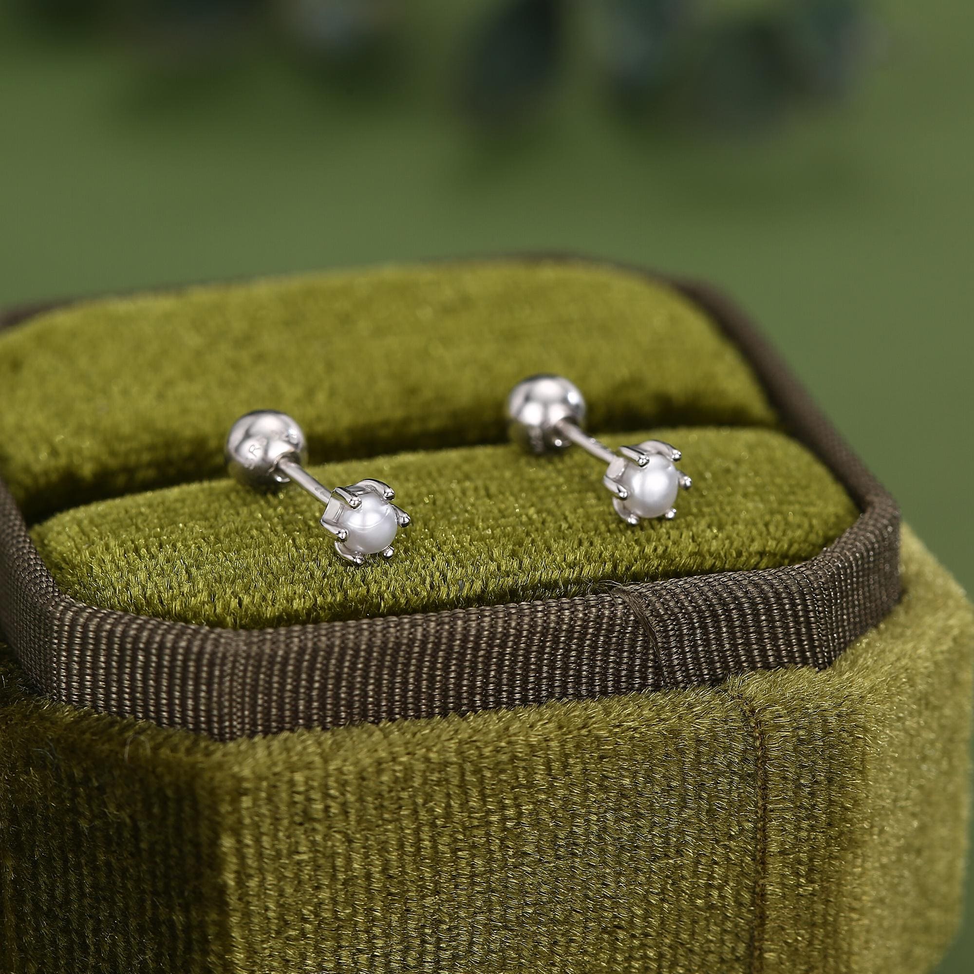 Sterling Silver Tiny Pearl 18G Screw Back Earrings with Ball Backs - Image 5