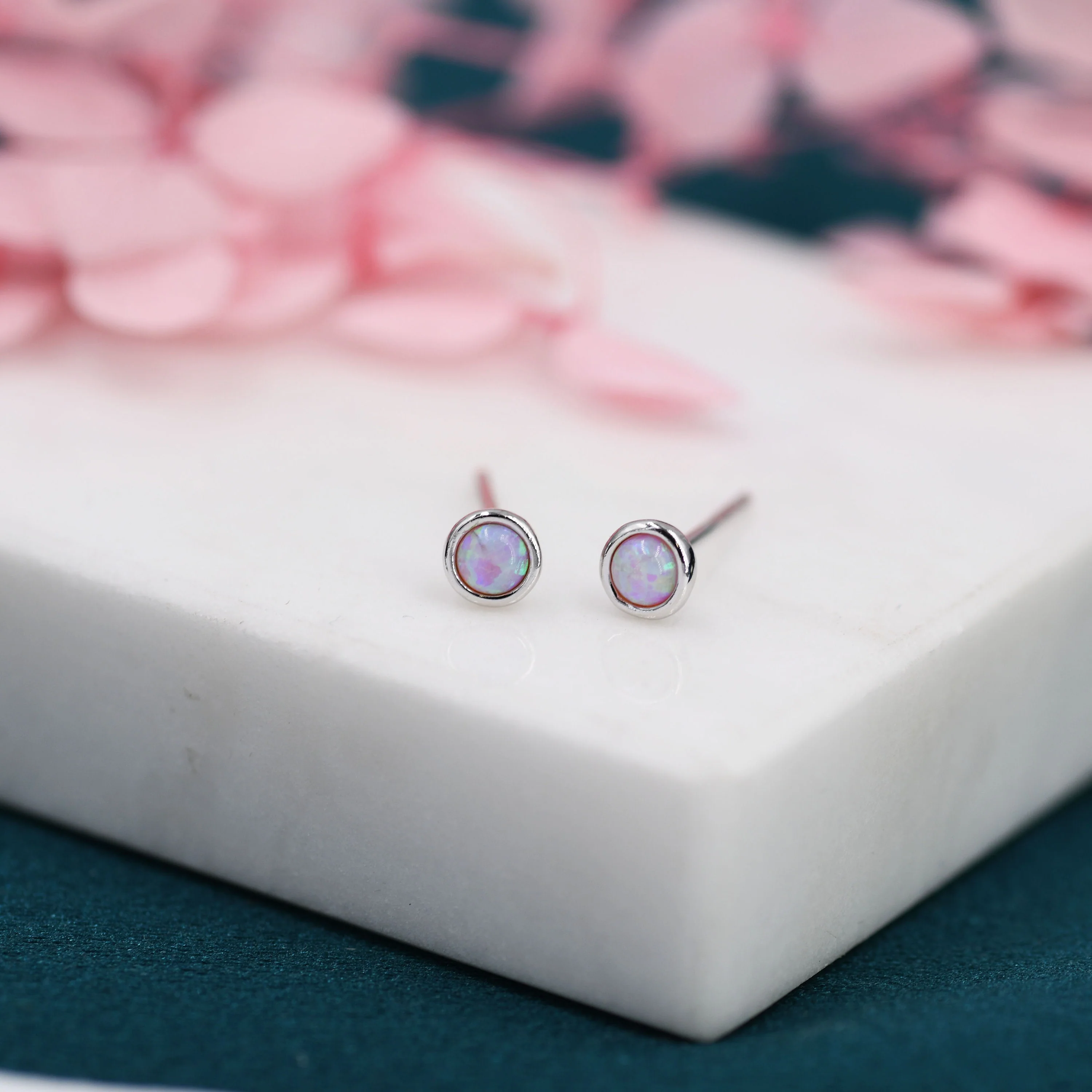 Sterling Silver Tiny Pink Opal Stud Earrings, Tiny Opal Earrings, Pink Opal, Lab Opal Stud, 3mm Opal Earrings - Image 3