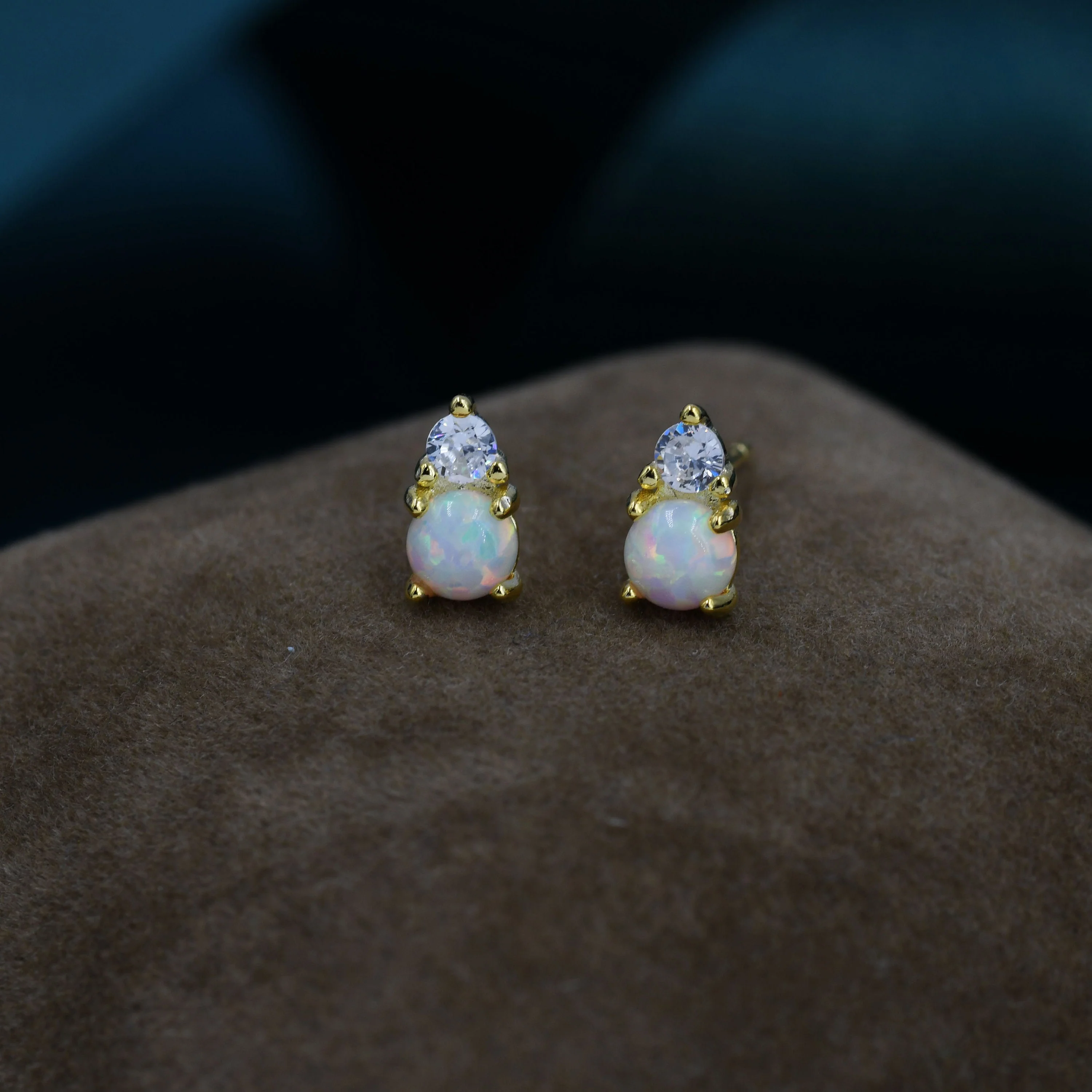 Sterling Silver Tiny White Opal and CZ Stud Earrings, Tiny Opal Earrings, Fire Opal Earrings, Lab Opal Stud - Image 5