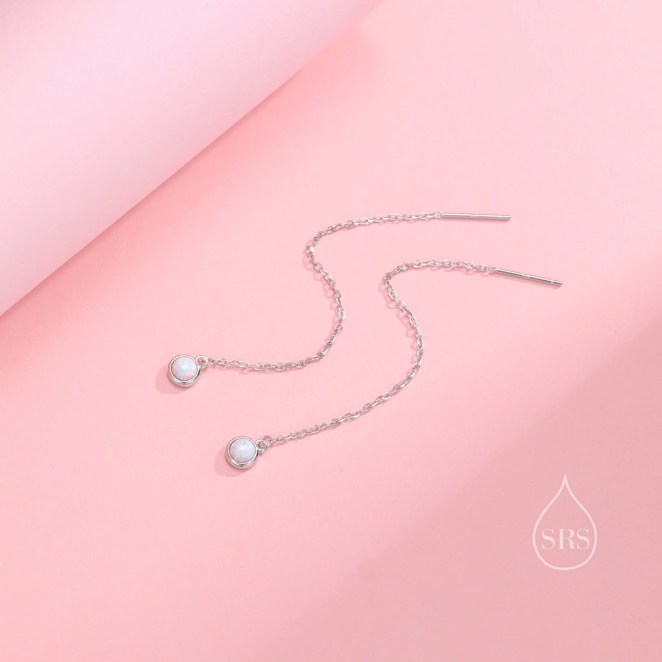 Sterling Silver Tiny White Opal Coin Ear Threader Earrings, Silver or Gold, Lab Opal Drop Earrings, Geometric Minimalist Threader Earrings - Image 4