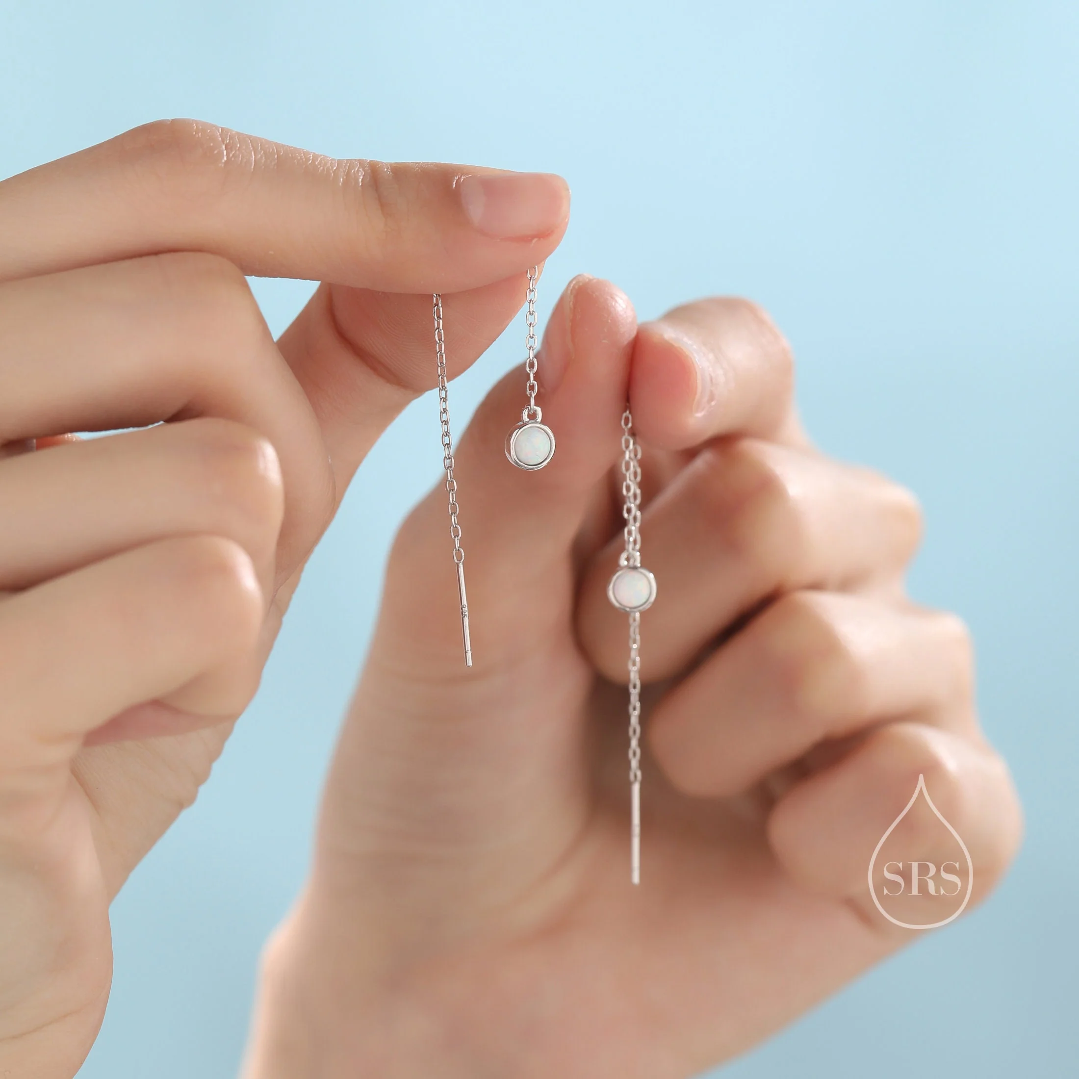 Sterling Silver Tiny White Opal Coin Ear Threader Earrings, Silver or Gold, Lab Opal Drop Earrings, Geometric Minimalist Threader Earrings - Image 5