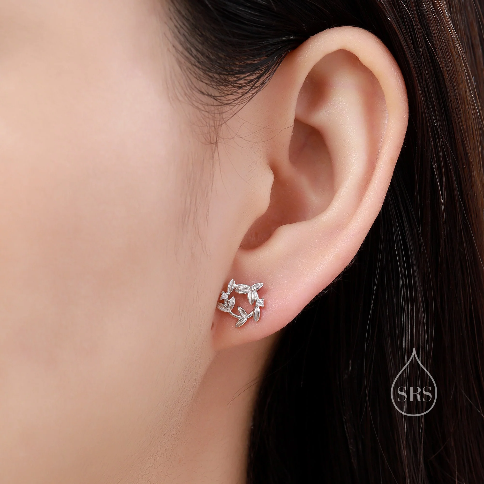 Sterling Silver Tiny Wreath Stud Earrings - Silver or Gold, CZ Circle Flower Stud Earrings, Wedding, Bridal, Christmas Earrings - Image 2