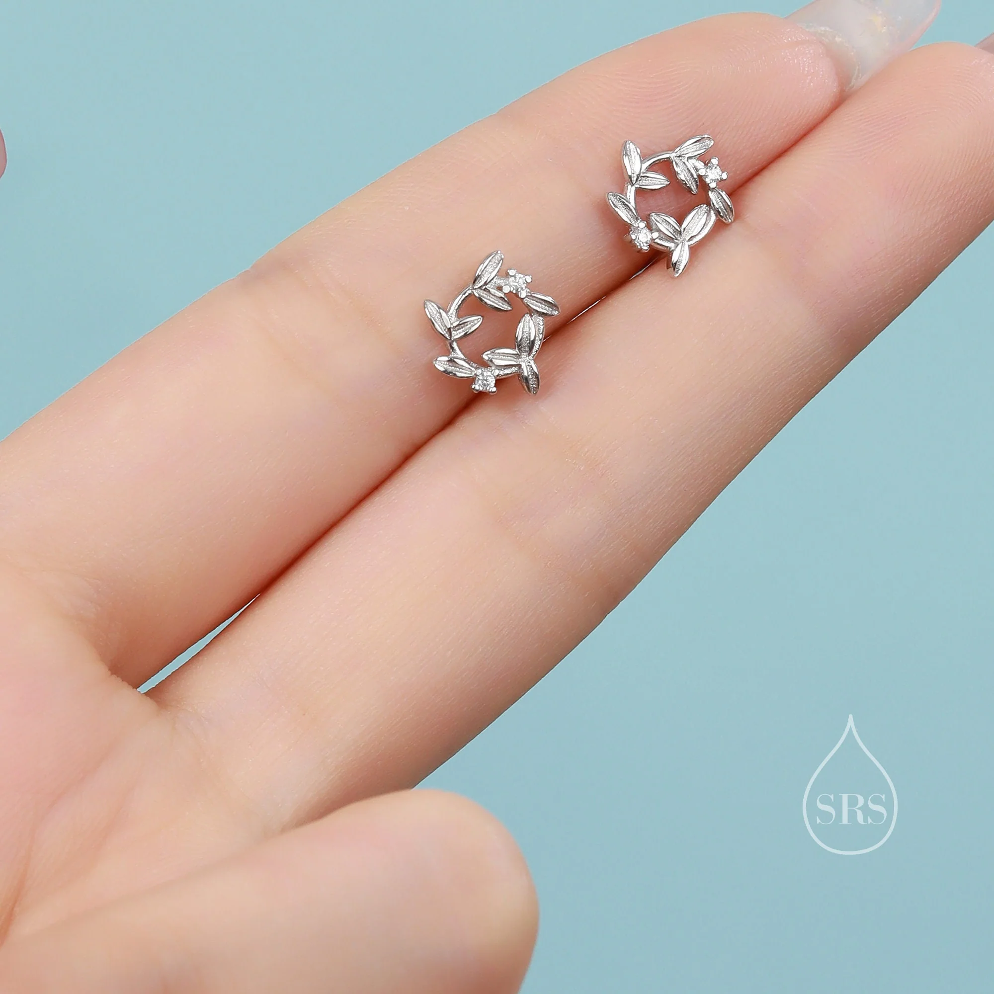Sterling Silver Tiny Wreath Stud Earrings - Silver or Gold, CZ Circle Flower Stud Earrings, Wedding, Bridal, Christmas Earrings - Image 3