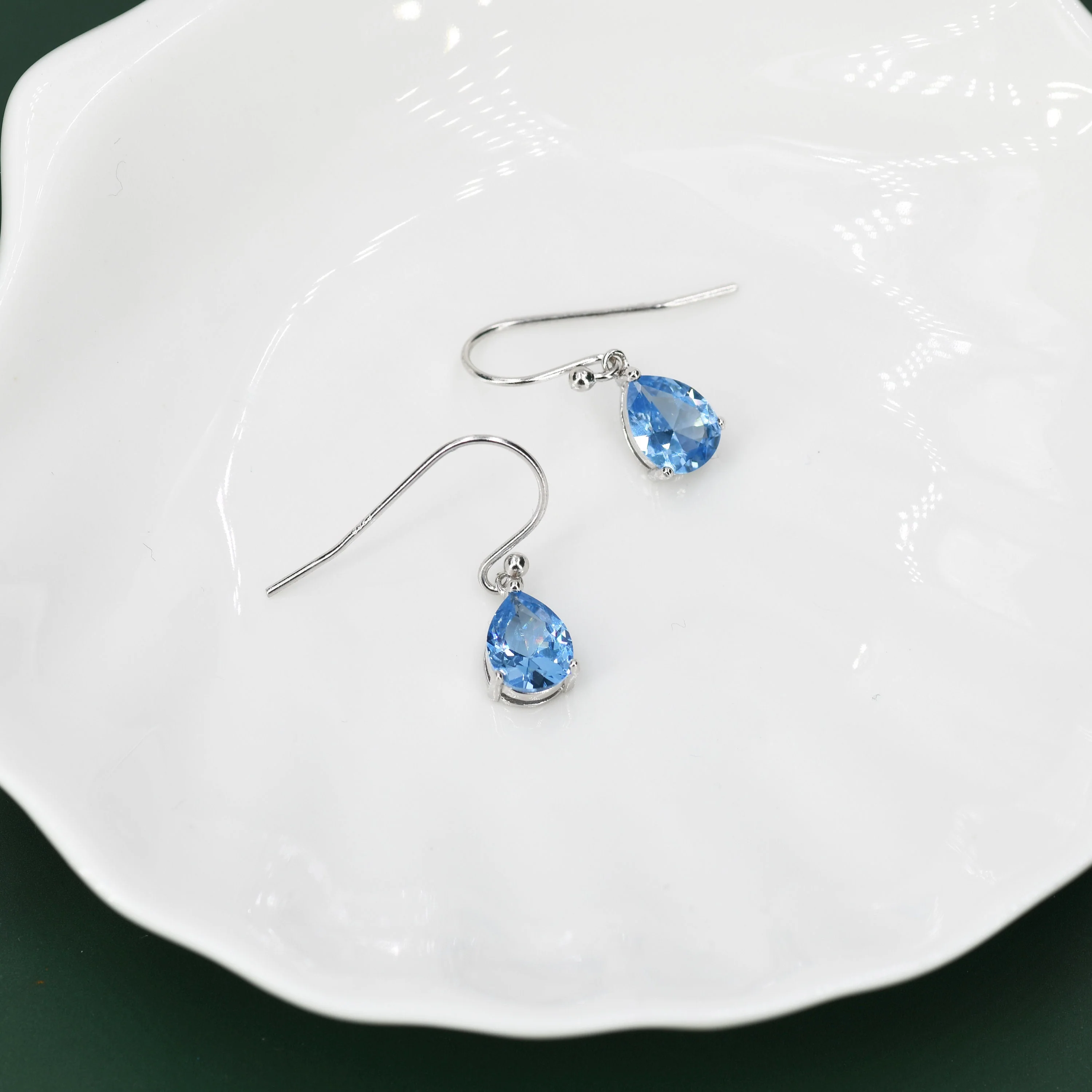 Sterling Silver Topaz Blue CZ Droplet Drop Earrings in Sterling Silver, Silver or Gold, Pear Shape 6x8mm Cubic Zirconia Hook Earrings - Image 7