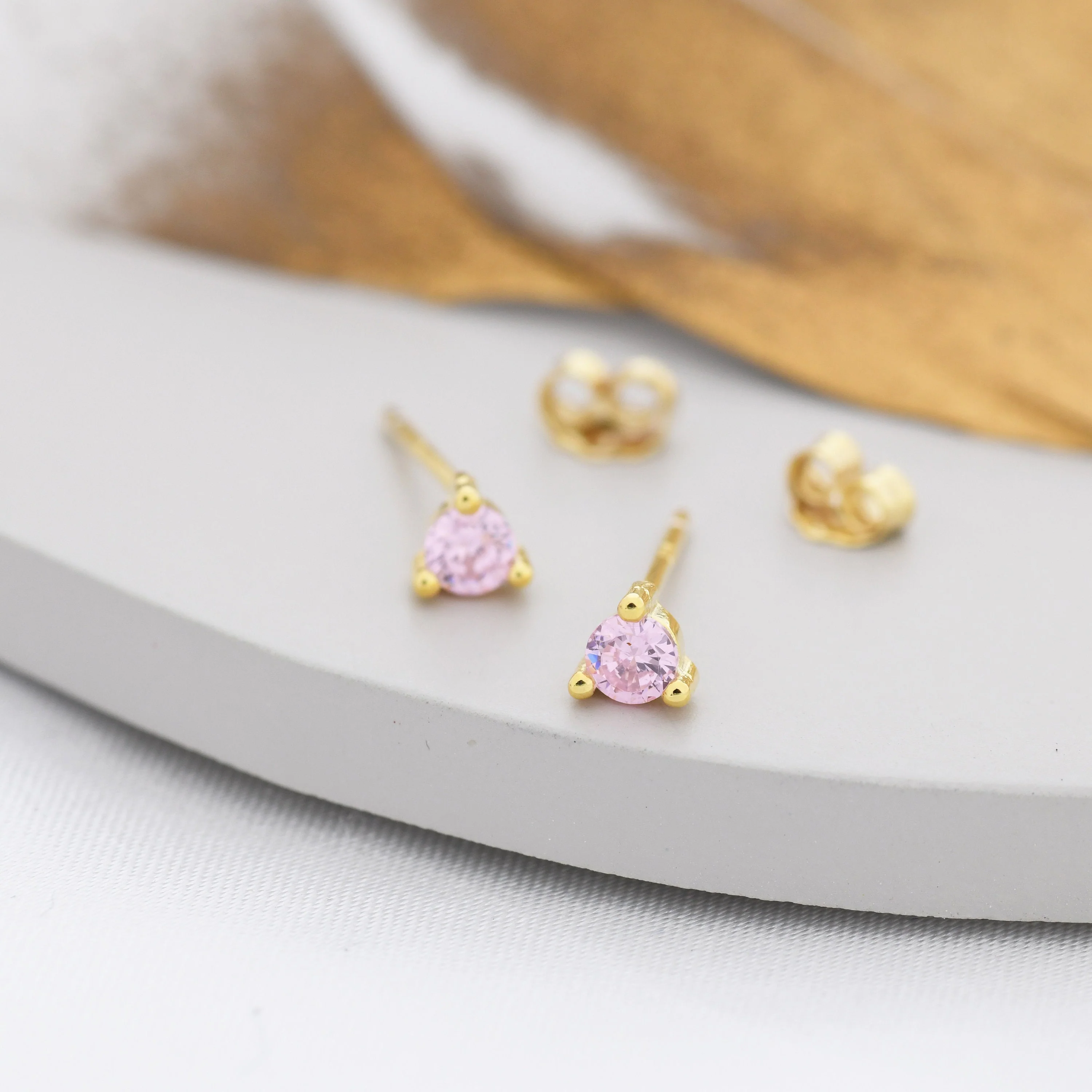 Sterling Silver Tourmaline Pink Stud Earrings,  3mm October Birthstone CZ Earrings, Three Prong, Silver, Gold or Rose Gold, Stacking Earring - Image 4