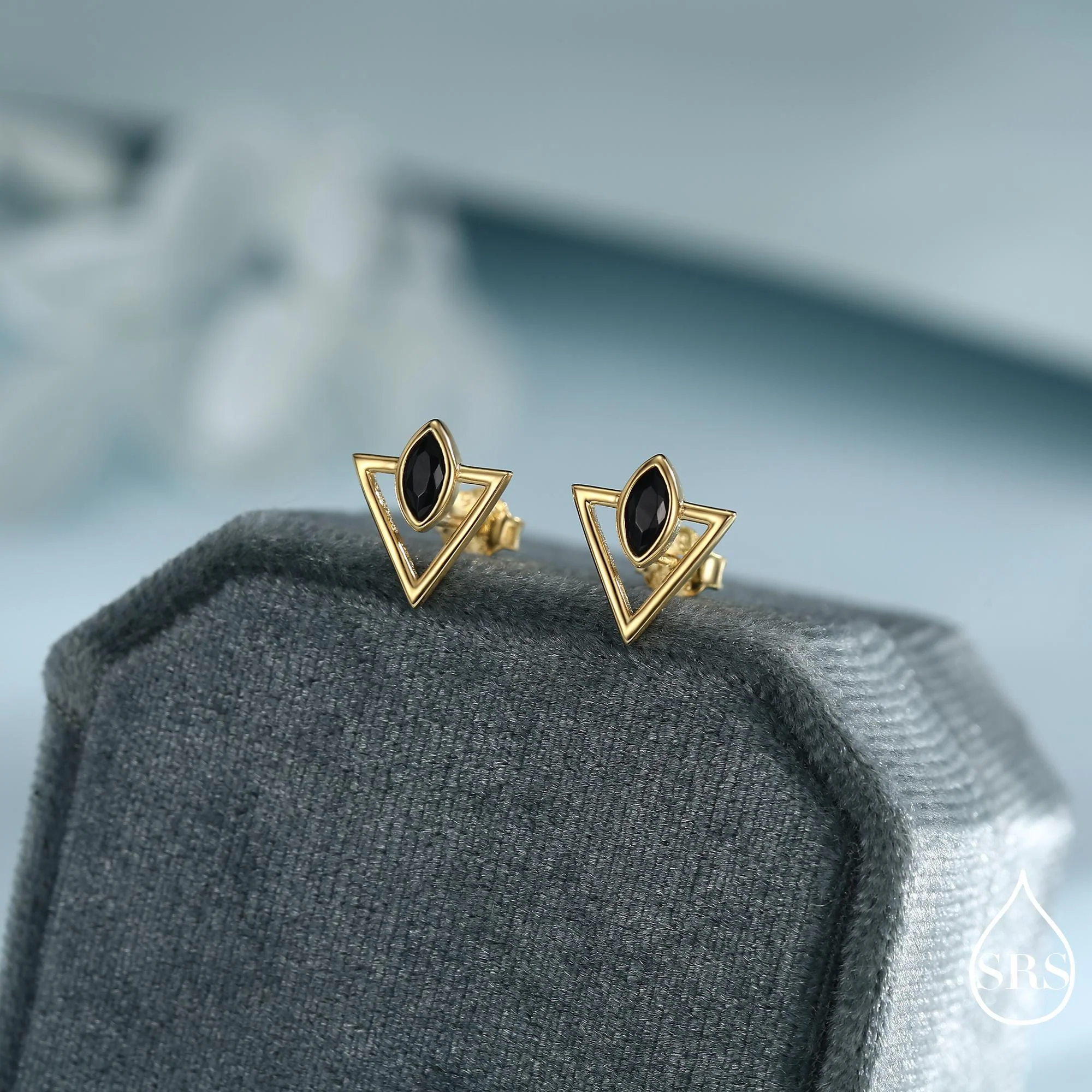 Sterling Silver Triangle and Black Marquise CZ Arrow Arrowhead Stud Earrings, Silver, Gold, Open Triangle Earrings - Image 6