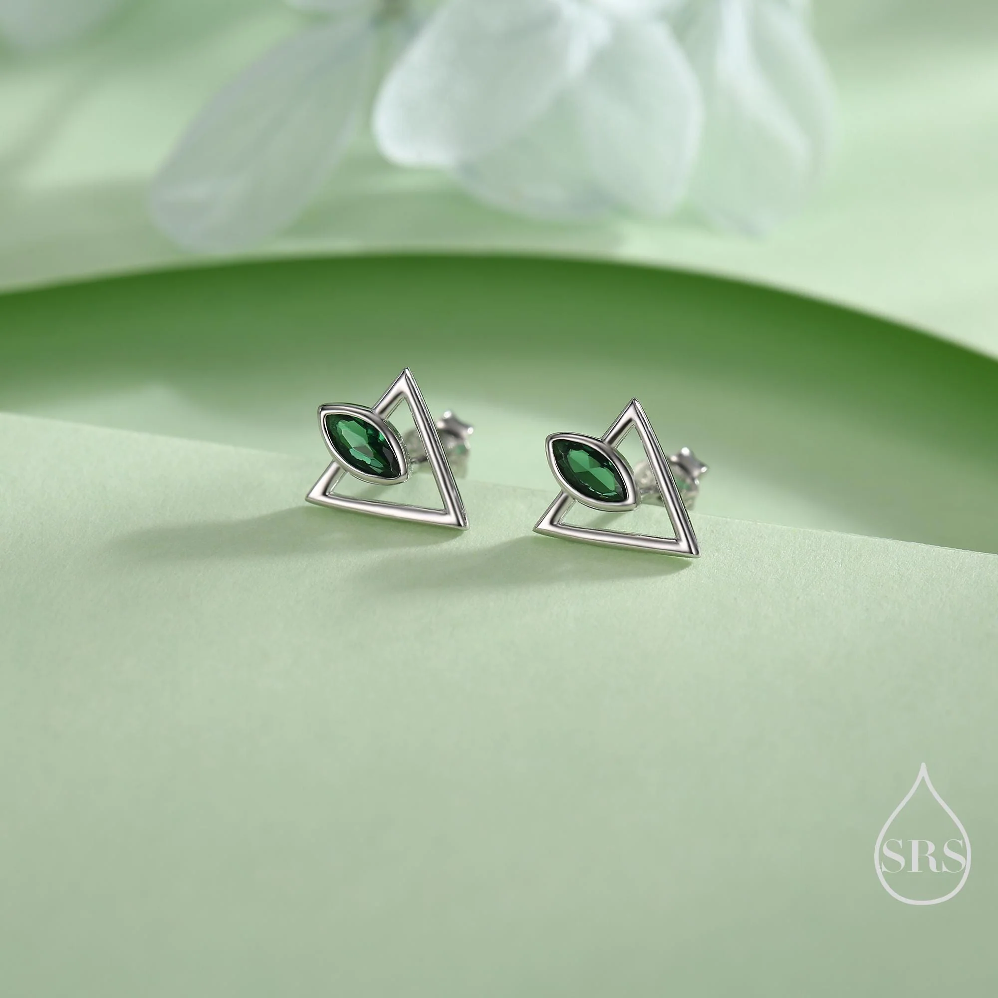 Sterling Silver Triangle and Emerald Green Marquise CZ Arrow Arrowhead Stud Earrings, Silver, Gold, Open Triangle Earrings - Image 4