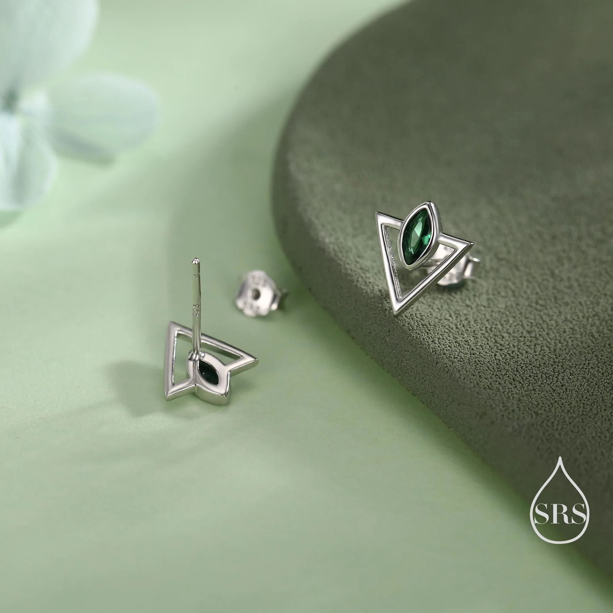 Sterling Silver Triangle and Emerald Green Marquise CZ Arrow Arrowhead Stud Earrings, Silver, Gold, Open Triangle Earrings - Image 5