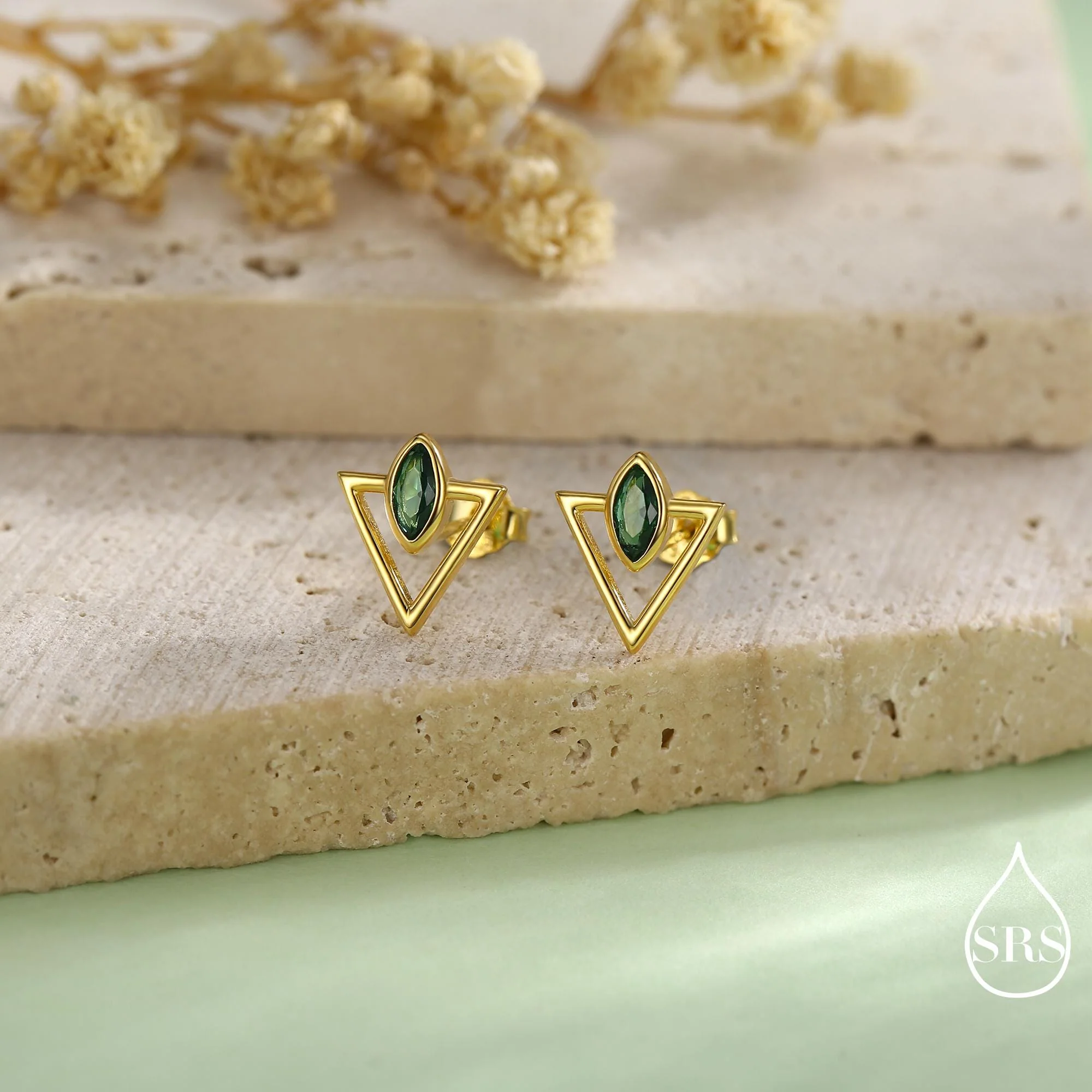 Sterling Silver Triangle and Emerald Green Marquise CZ Arrow Arrowhead Stud Earrings, Silver, Gold, Open Triangle Earrings - Image 6