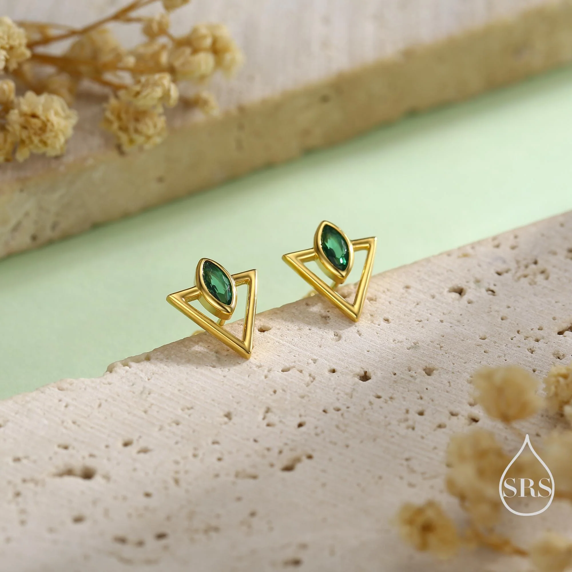Sterling Silver Triangle and Emerald Green Marquise CZ Arrow Arrowhead Stud Earrings, Silver, Gold, Open Triangle Earrings - Image 7