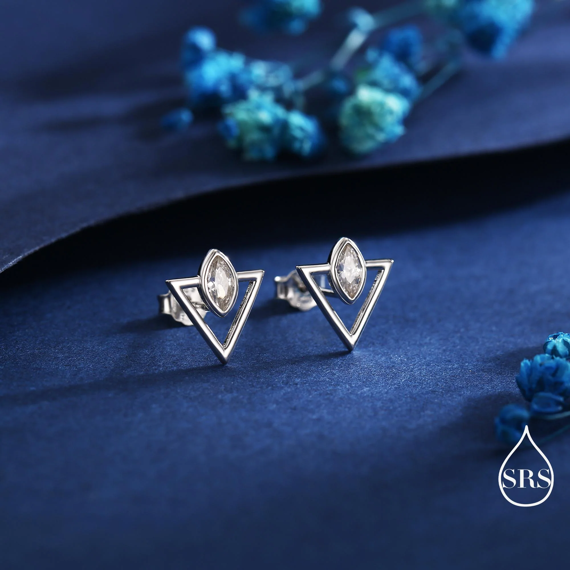 Sterling Silver Triangle and Marquise CZ Arrow Arrowhead Stud Earrings, Silver, Gold, Simple and Elegant Jewellery, Open Triangle Earrings - Image 2