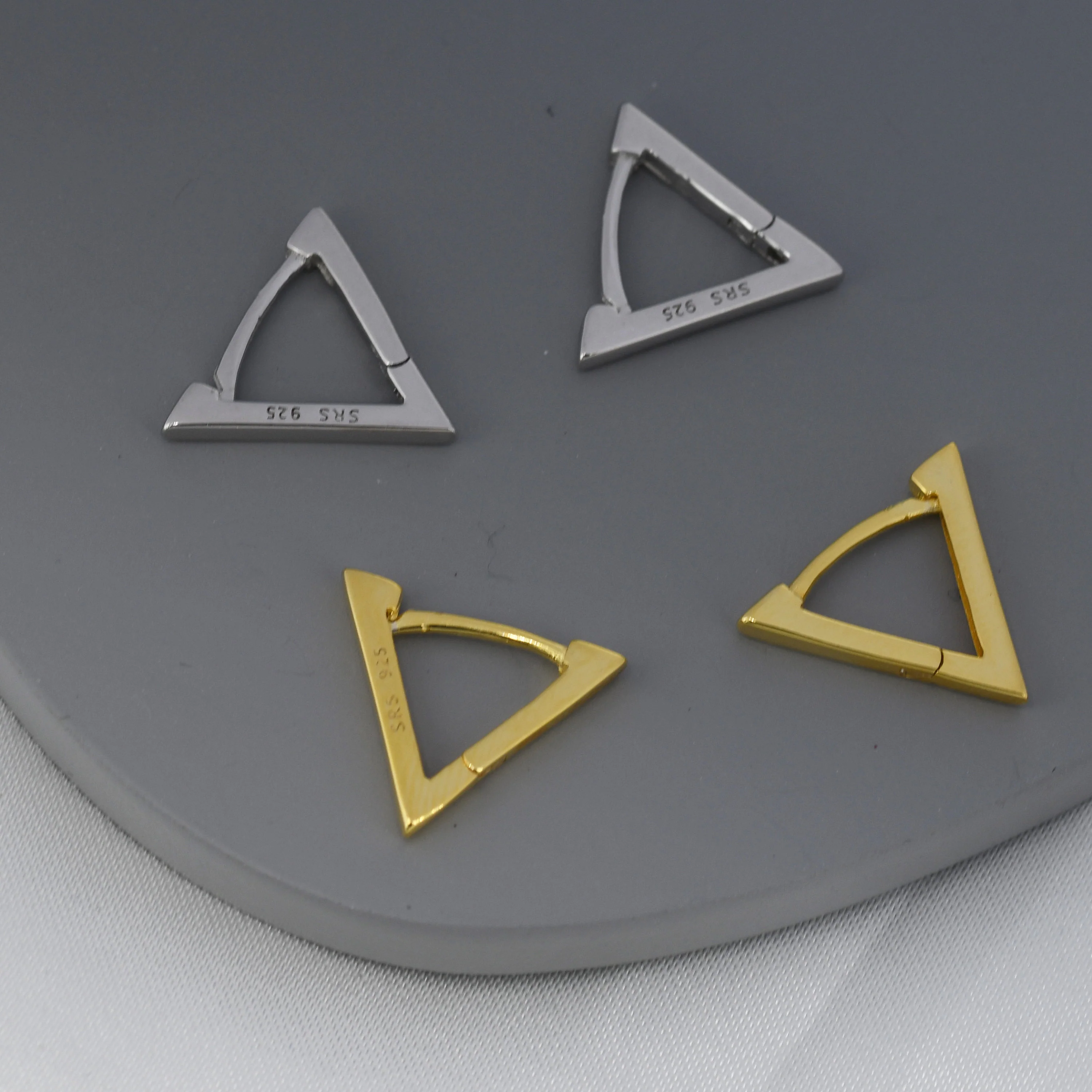 Sterling Silver Triangle Huggie Hoop Earrings, Silver or Gold, Simple Geometric Hoop Earrings - Image 3