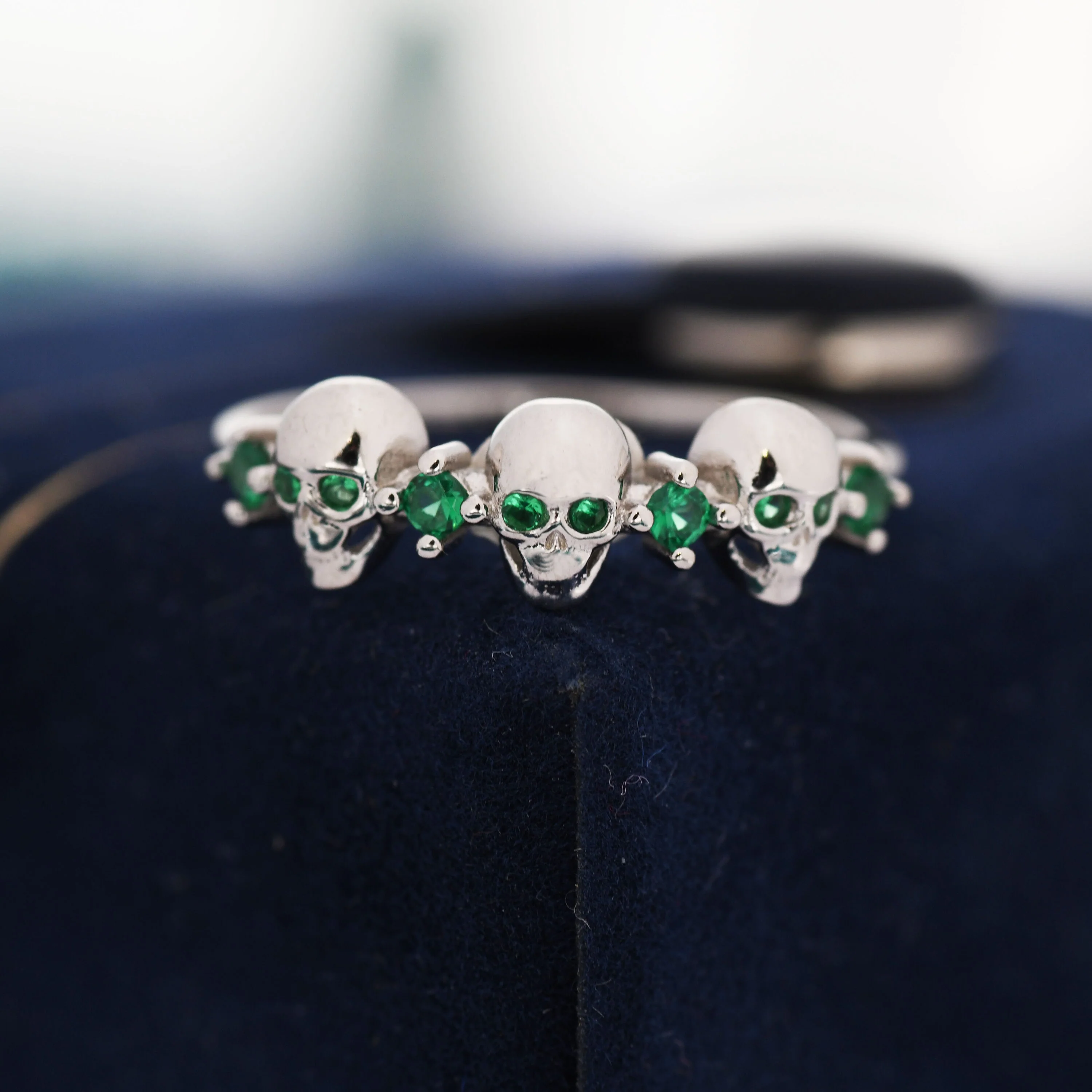 Sterling Silver Triple Skull Ring with Emerald Green CZ, Silver Skull Ring, Tiny Skull Ring, US 5-8, Skeleton Ring - Image 3