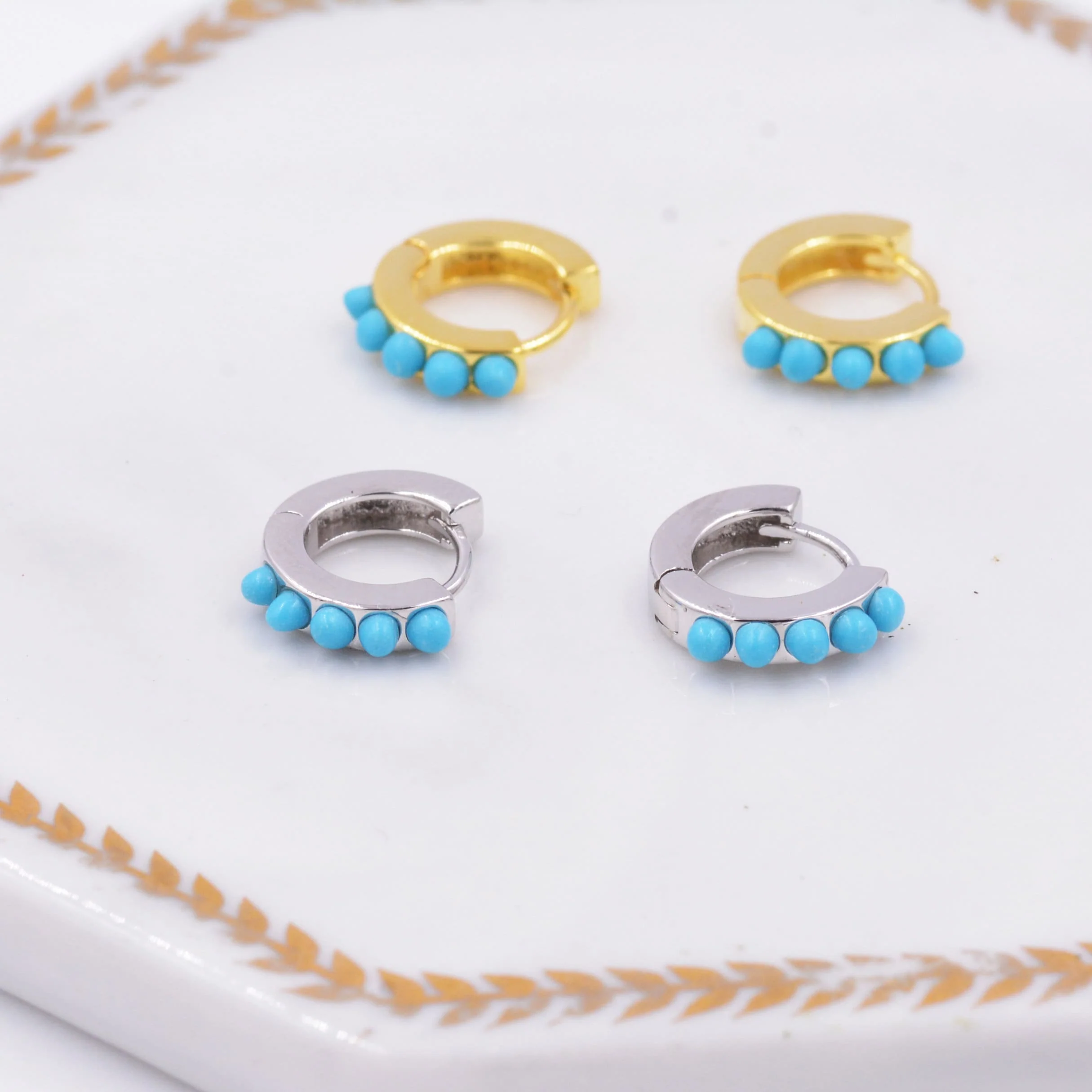 Sterling Silver Turquoise Stones Huggie Hoop Earrings, Gold Hoop, Minimalist Geometric Hoop Earrings - Image 3