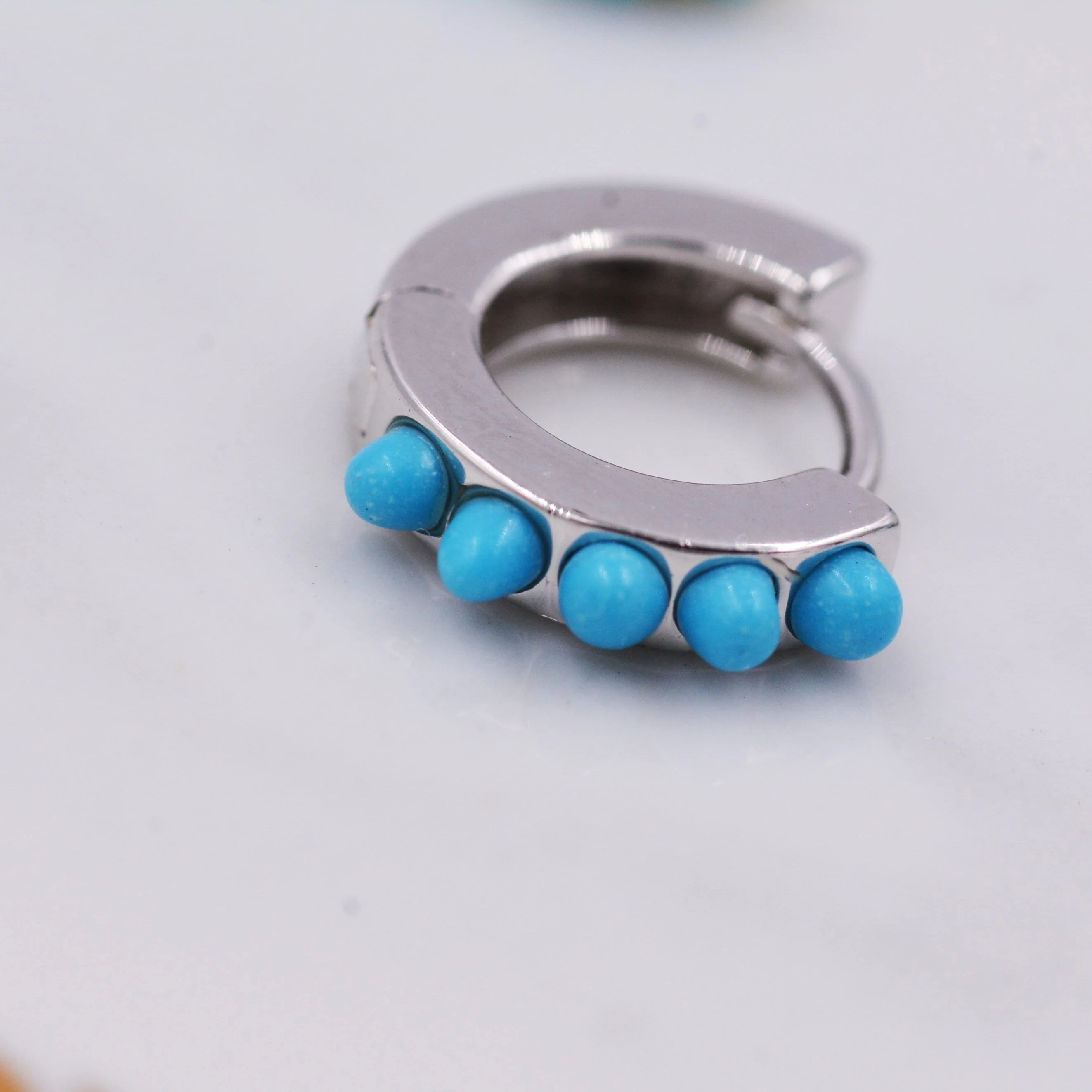 Sterling Silver Turquoise Stones Huggie Hoop Earrings, Gold Hoop, Minimalist Geometric Hoop Earrings - Image 4
