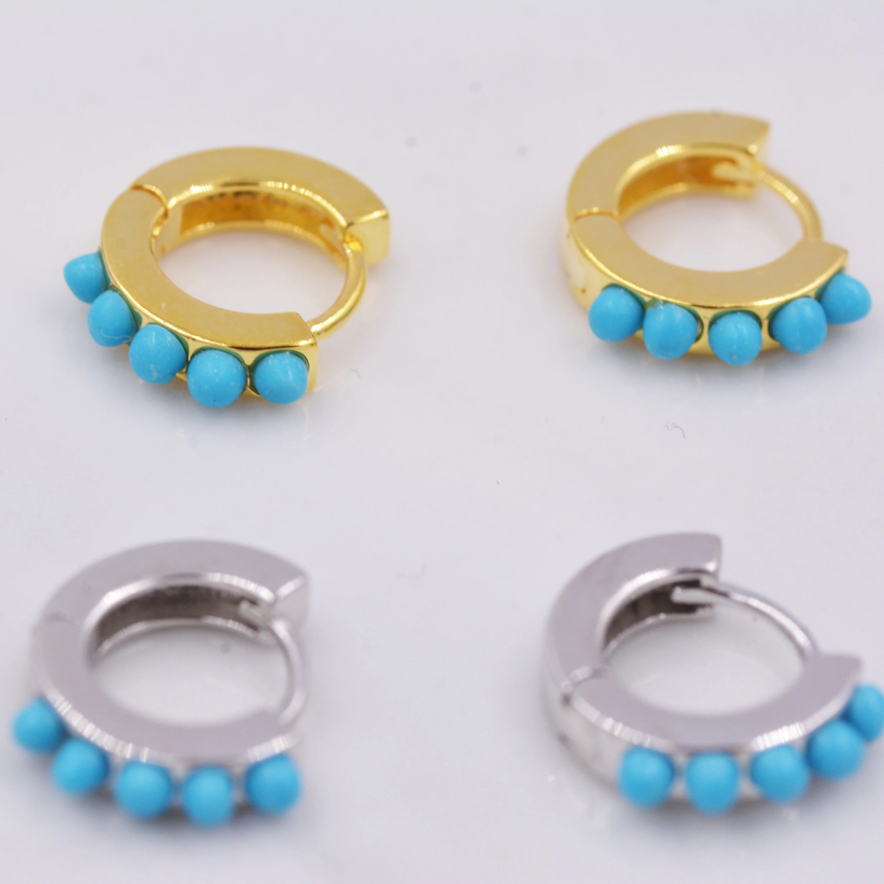 Sterling Silver Turquoise Stones Huggie Hoop Earrings, Gold Hoop, Minimalist Geometric Hoop Earrings - Image 5