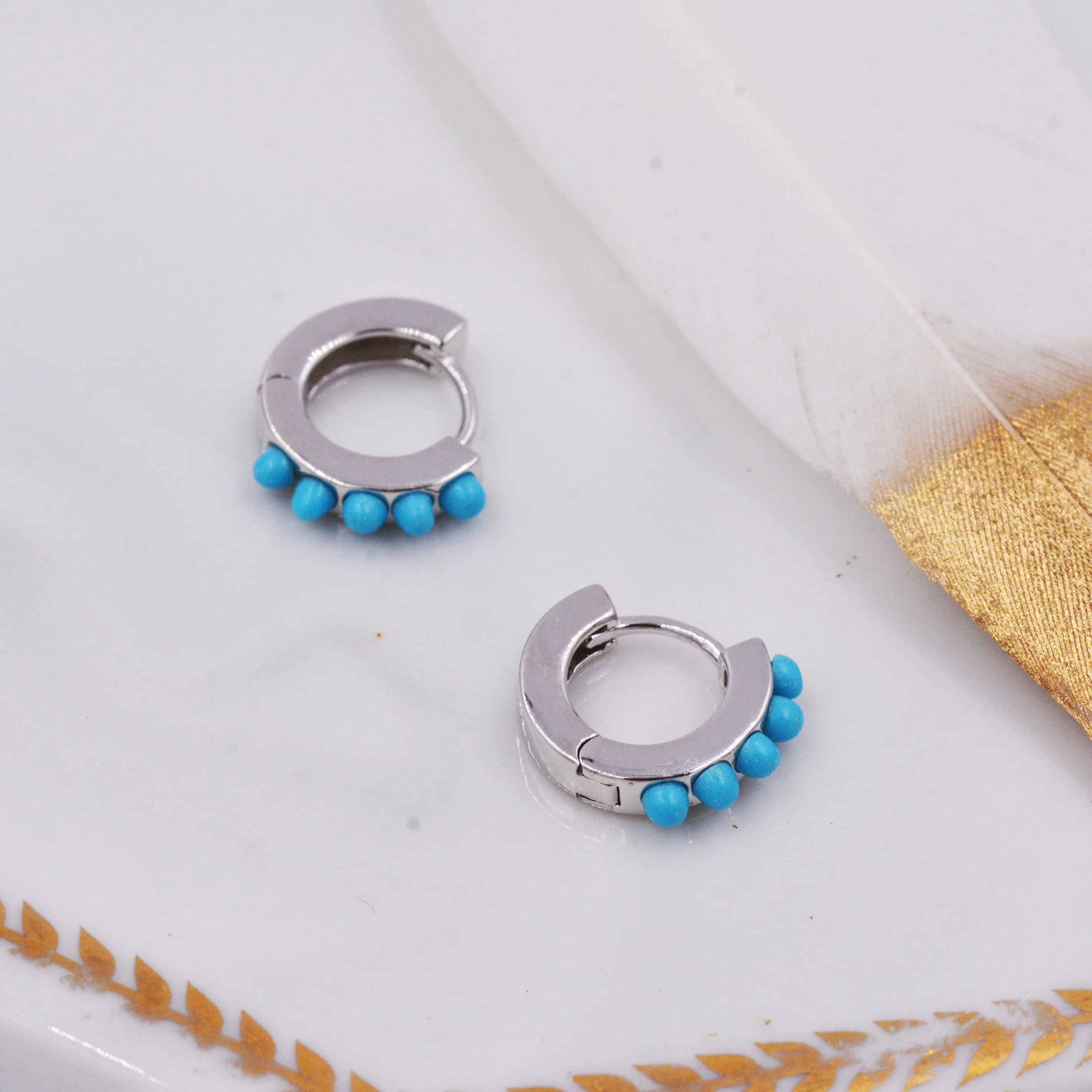 Sterling Silver Turquoise Stones Huggie Hoop Earrings, Gold Hoop, Minimalist Geometric Hoop Earrings - Image 6