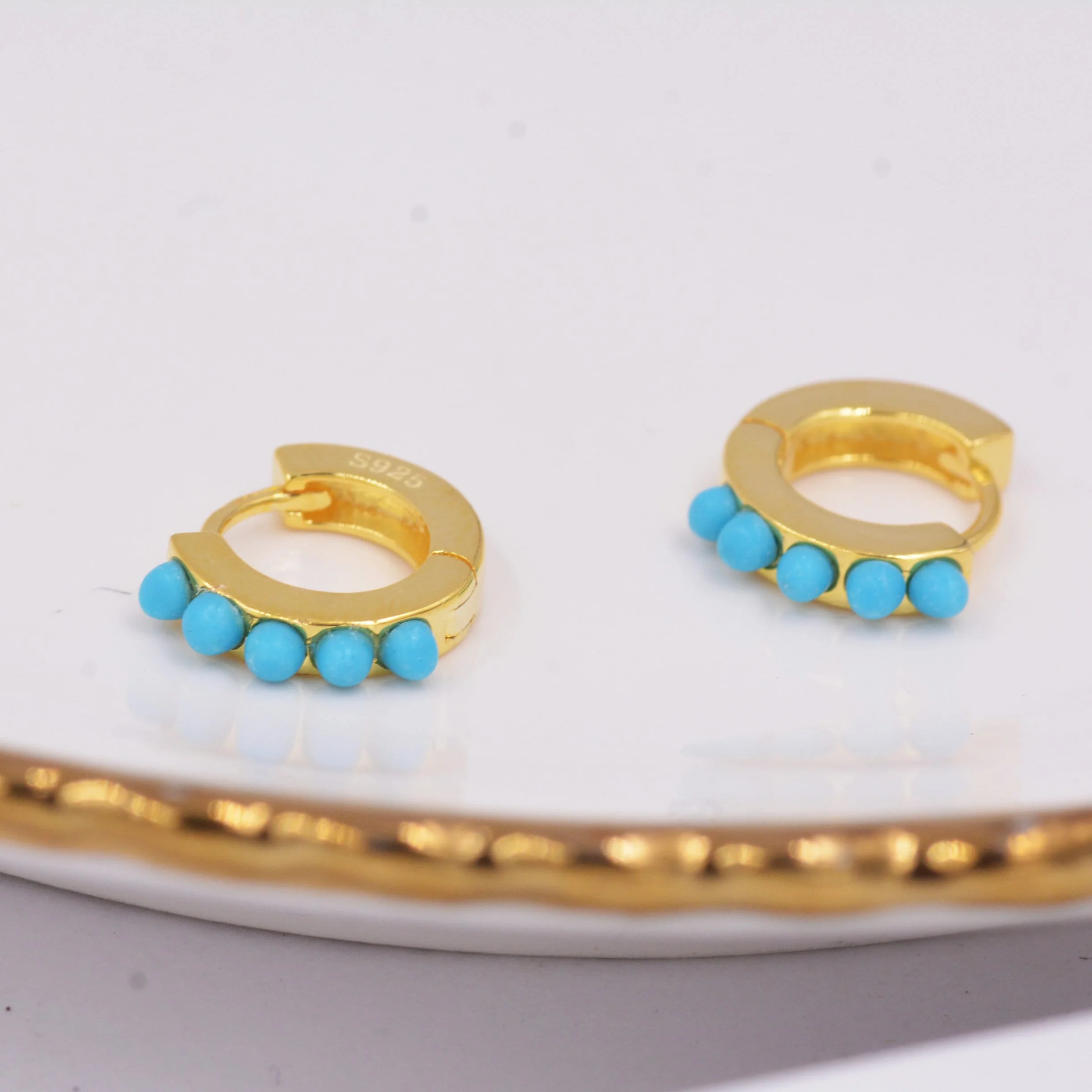 Sterling Silver Turquoise Stones Huggie Hoop Earrings, Gold Hoop, Minimalist Geometric Hoop Earrings - Image 7