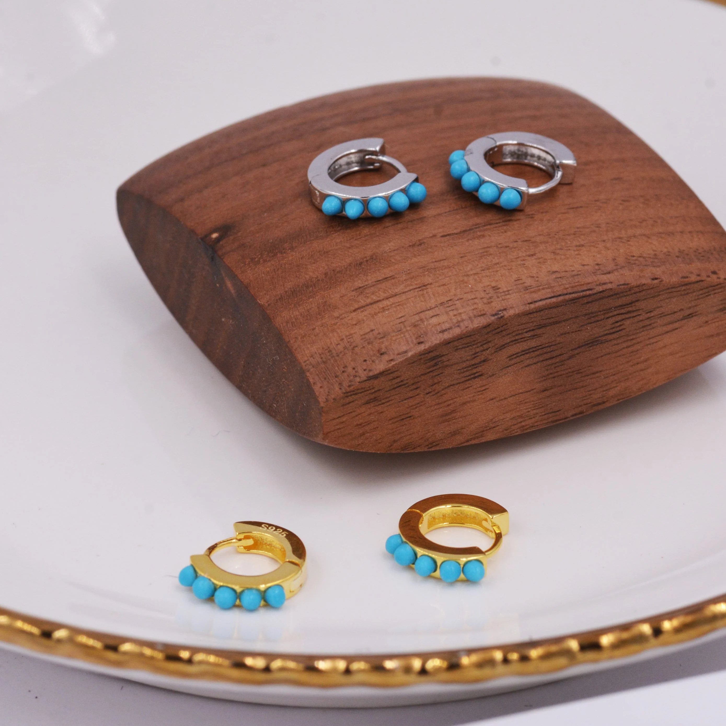 Sterling Silver Turquoise Stones Huggie Hoop Earrings, Gold Hoop, Minimalist Geometric Hoop Earrings - Image 8